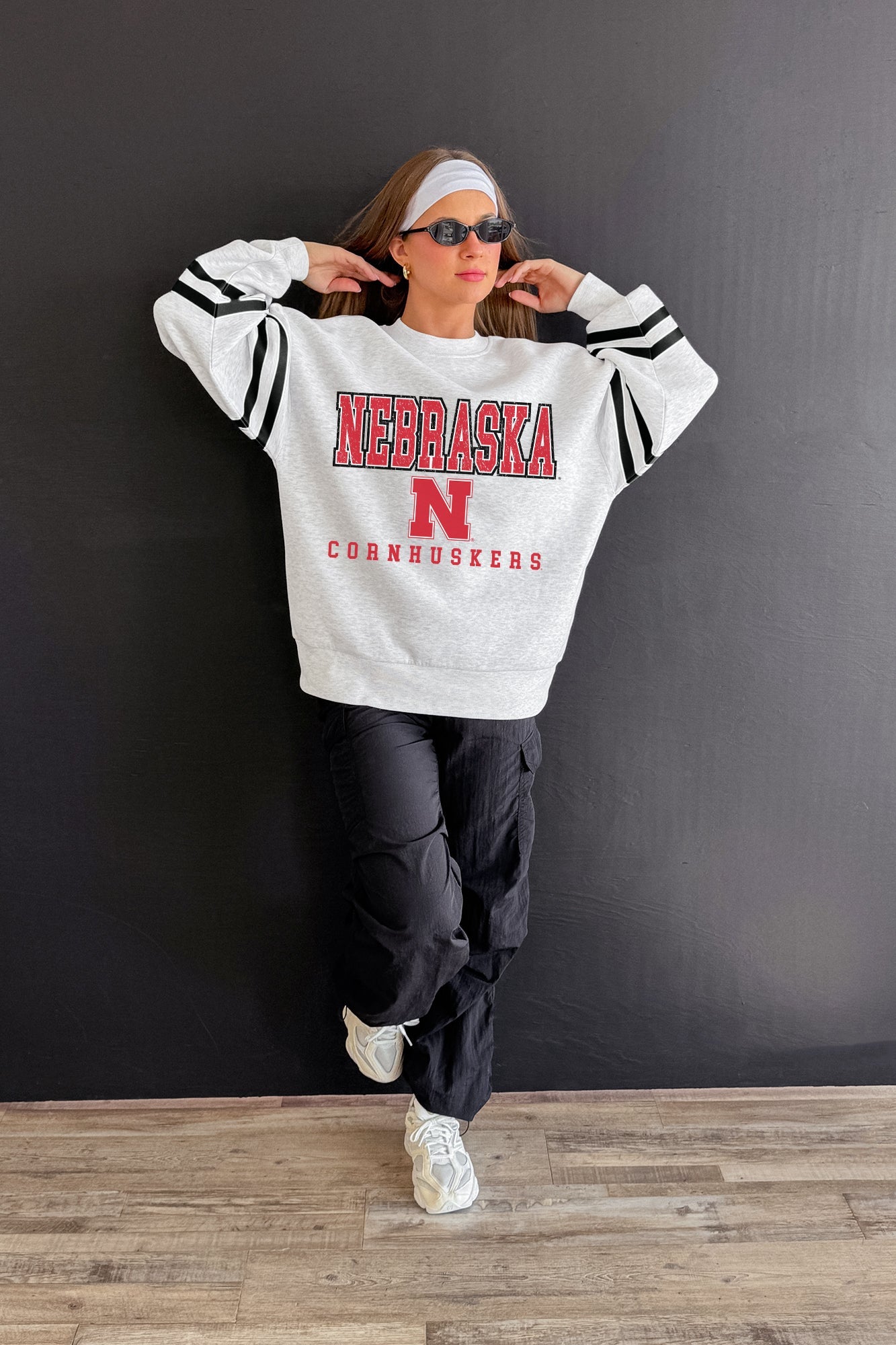 NEBRASKA CORNHUSKERS STADIUM STRIPES STRIPE SLEEVE CREWNECK SWEATSHIRT