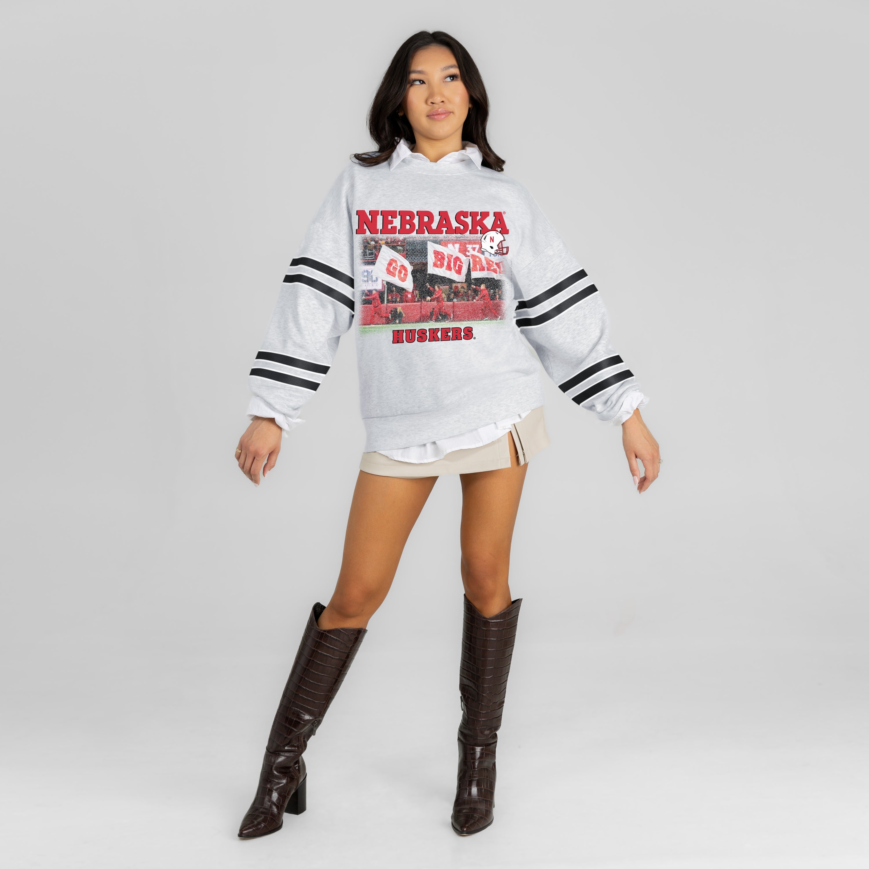 NEBRASKA CORNHUSKERS OFF THE GRID STRIPE SLEEVE CREWNECK SWEATSHIRT