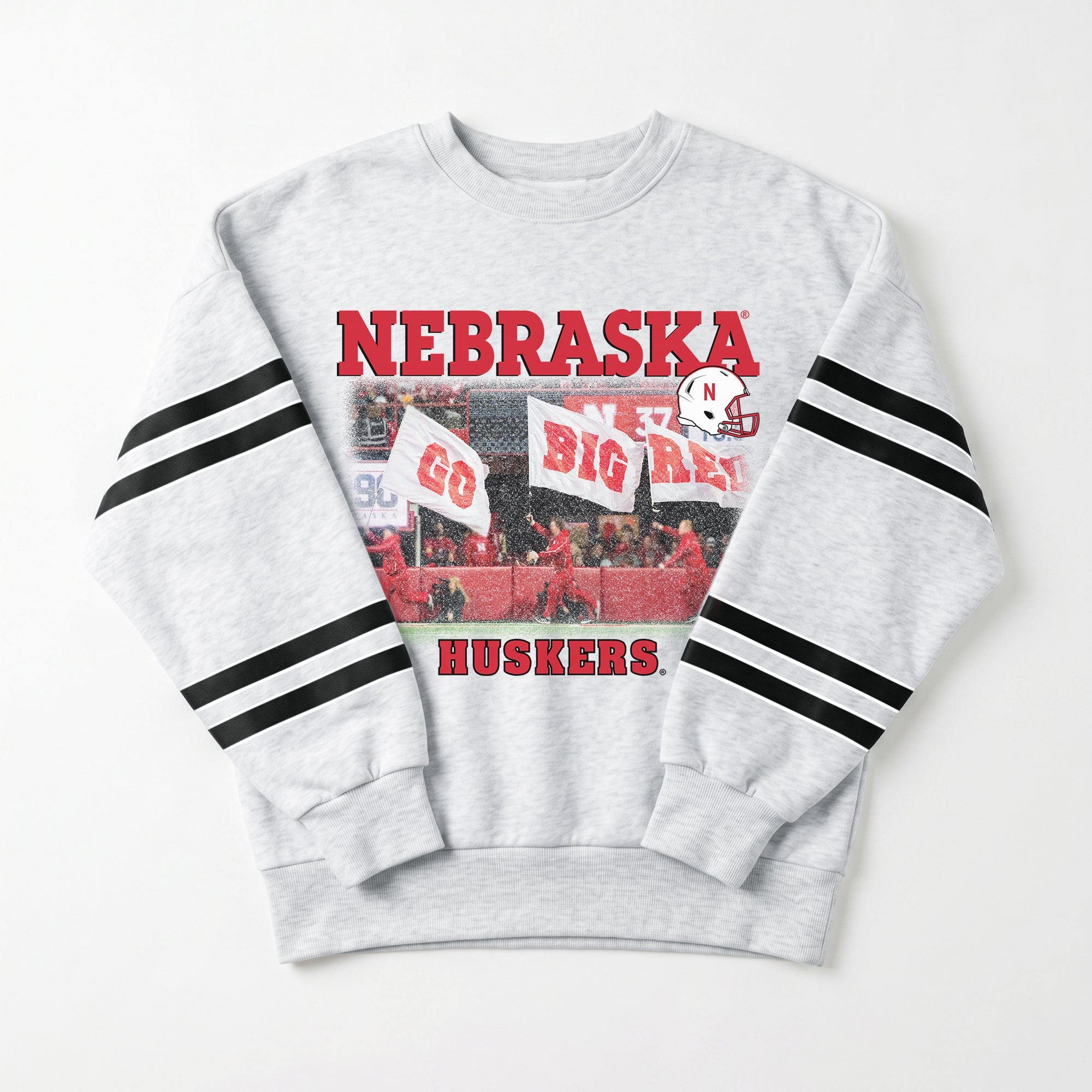 NEBRASKA CORNHUSKERS OFF THE GRID STRIPE SLEEVE CREWNECK SWEATSHIRT