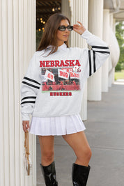 NEBRASKA CORNHUSKERS OFF THE GRID STRIPE SLEEVE CREWNECK SWEATSHIRT