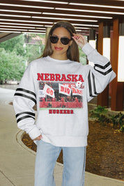 NEBRASKA CORNHUSKERS OFF THE GRID STRIPE SLEEVE CREWNECK SWEATSHIRT