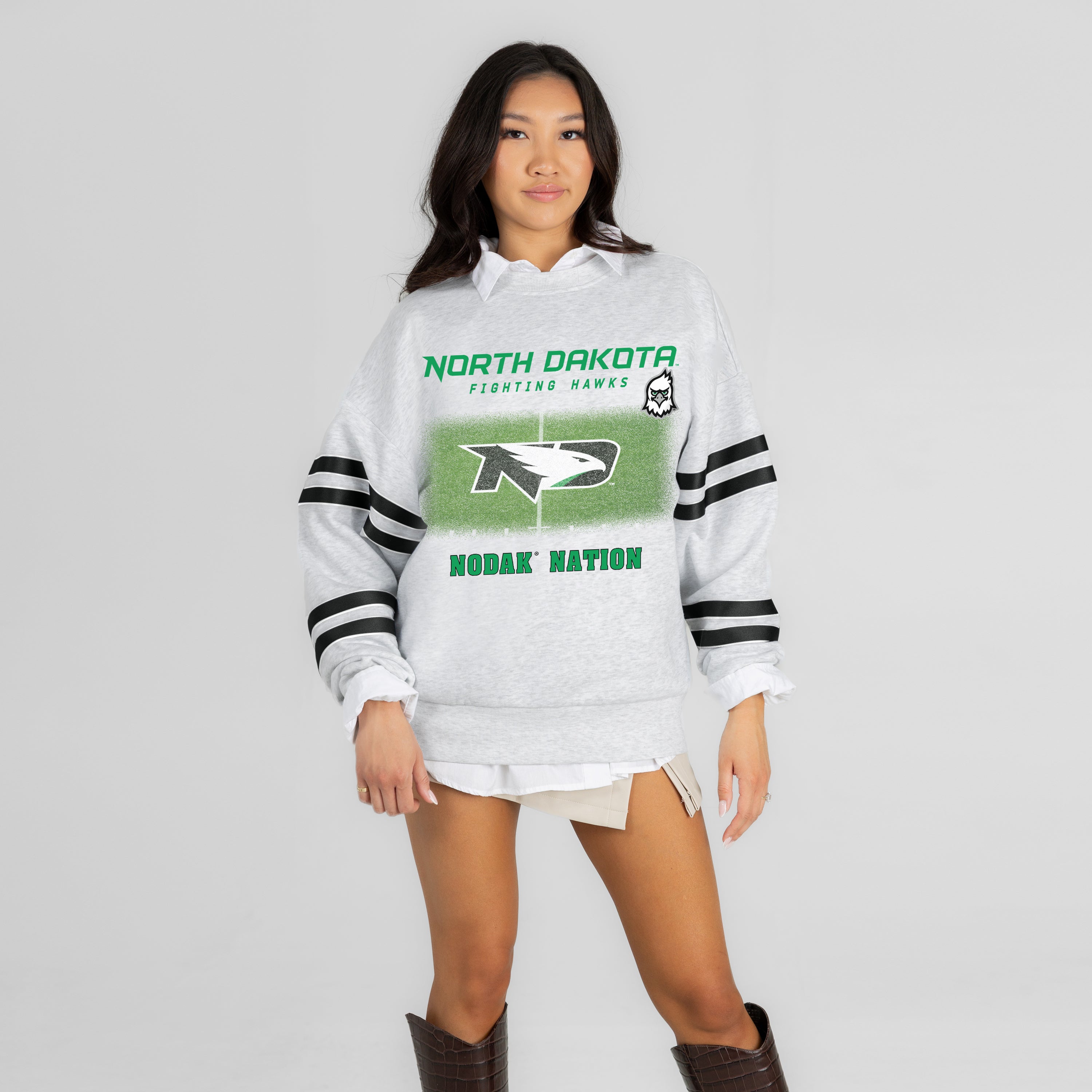 NORTH DAKOTA FIGHTING HAWKS OFF THE GRID STRIPE SLEEVE CREWNECK SWEATSHIRT