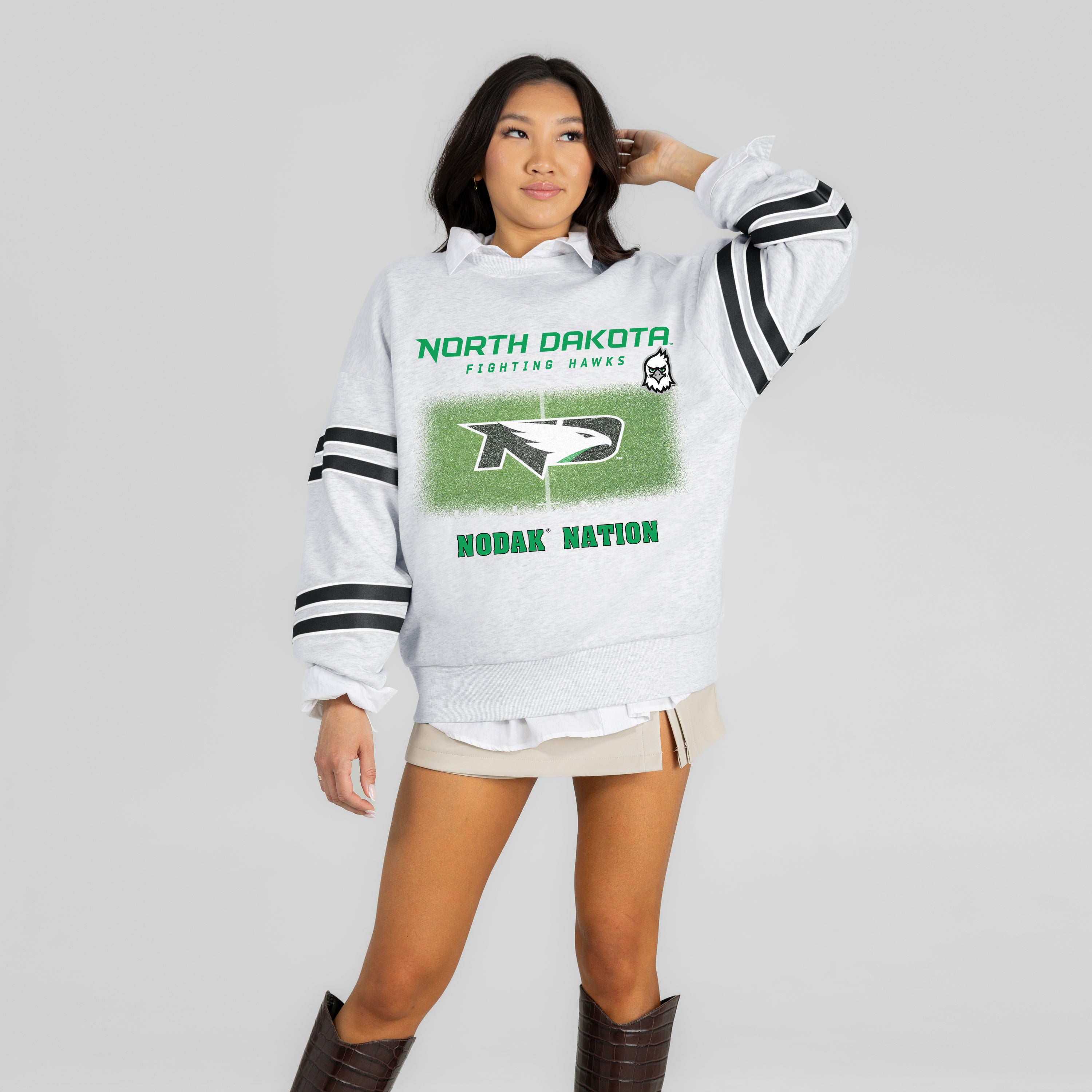NORTH DAKOTA FIGHTING HAWKS OFF THE GRID STRIPE SLEEVE CREWNECK SWEATSHIRT