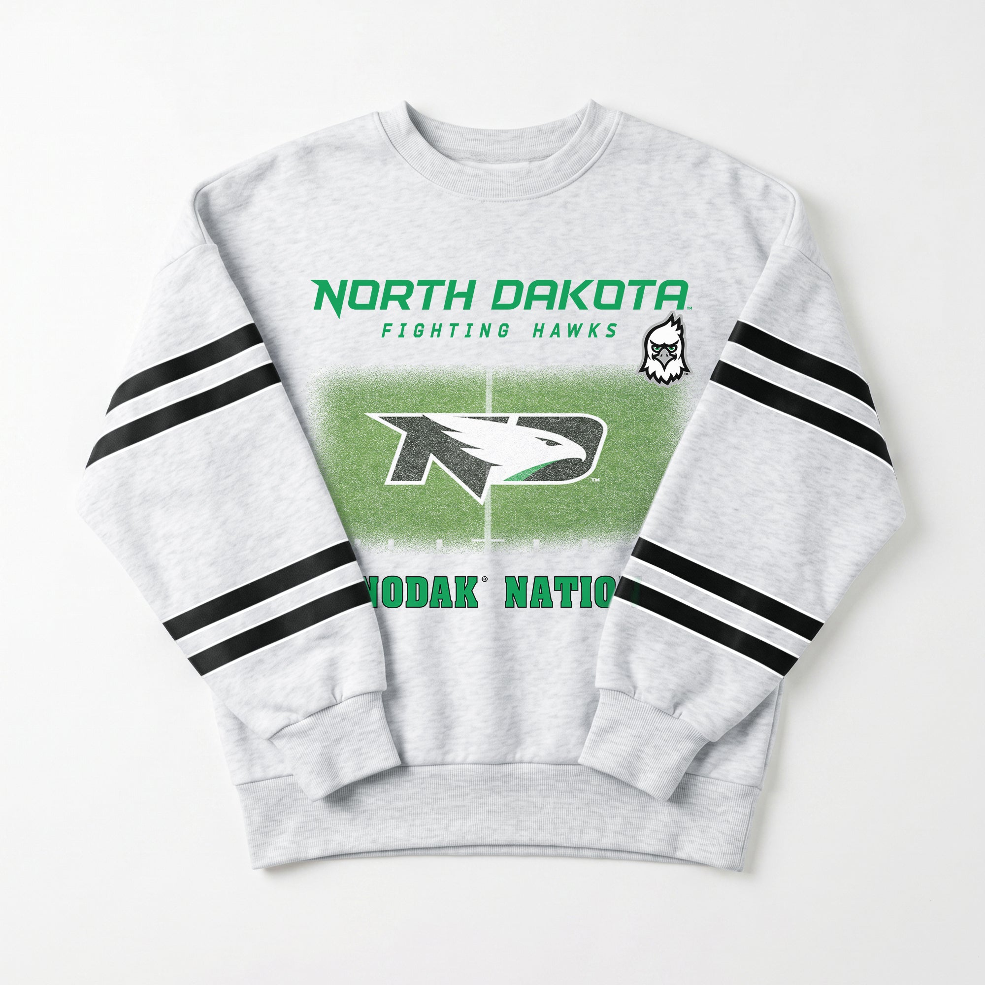 NORTH DAKOTA FIGHTING HAWKS OFF THE GRID STRIPE SLEEVE CREWNECK SWEATSHIRT