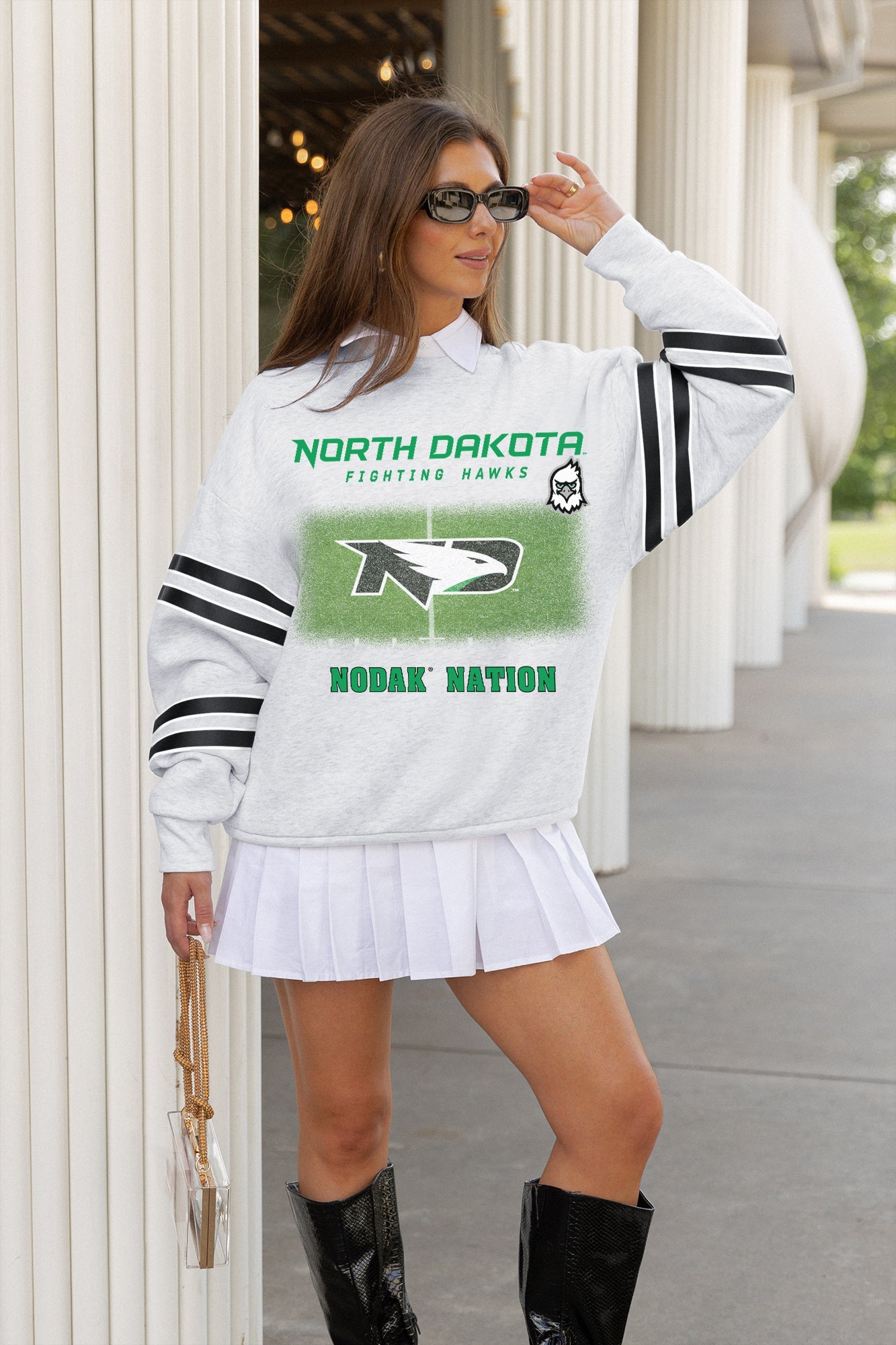 NORTH DAKOTA FIGHTING HAWKS OFF THE GRID STRIPE SLEEVE CREWNECK SWEATSHIRT