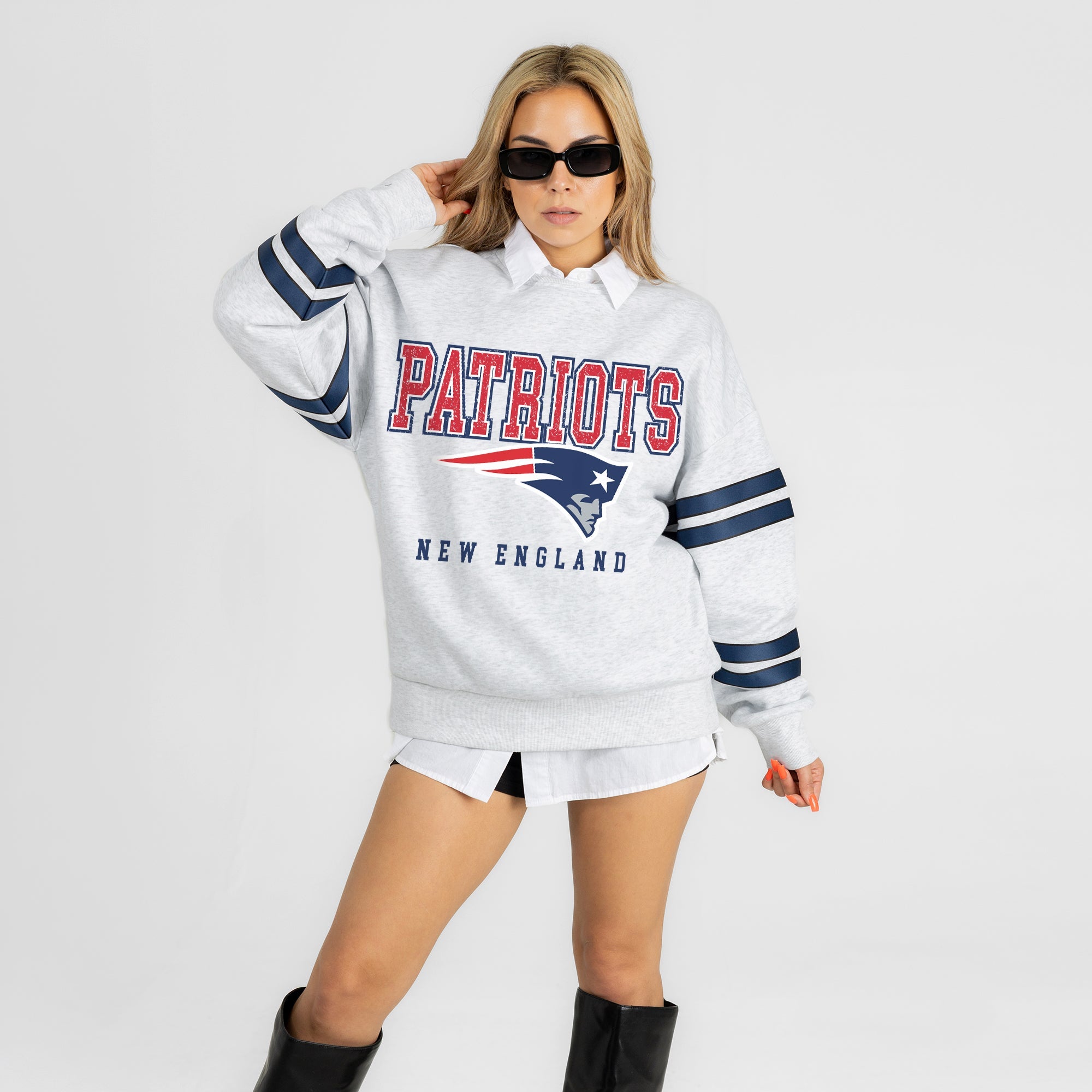 NEW ENGLAND PATRIOTS STADIUM STRIPES STRIPE SLEEVE CREWNECK SWEATSHIRT