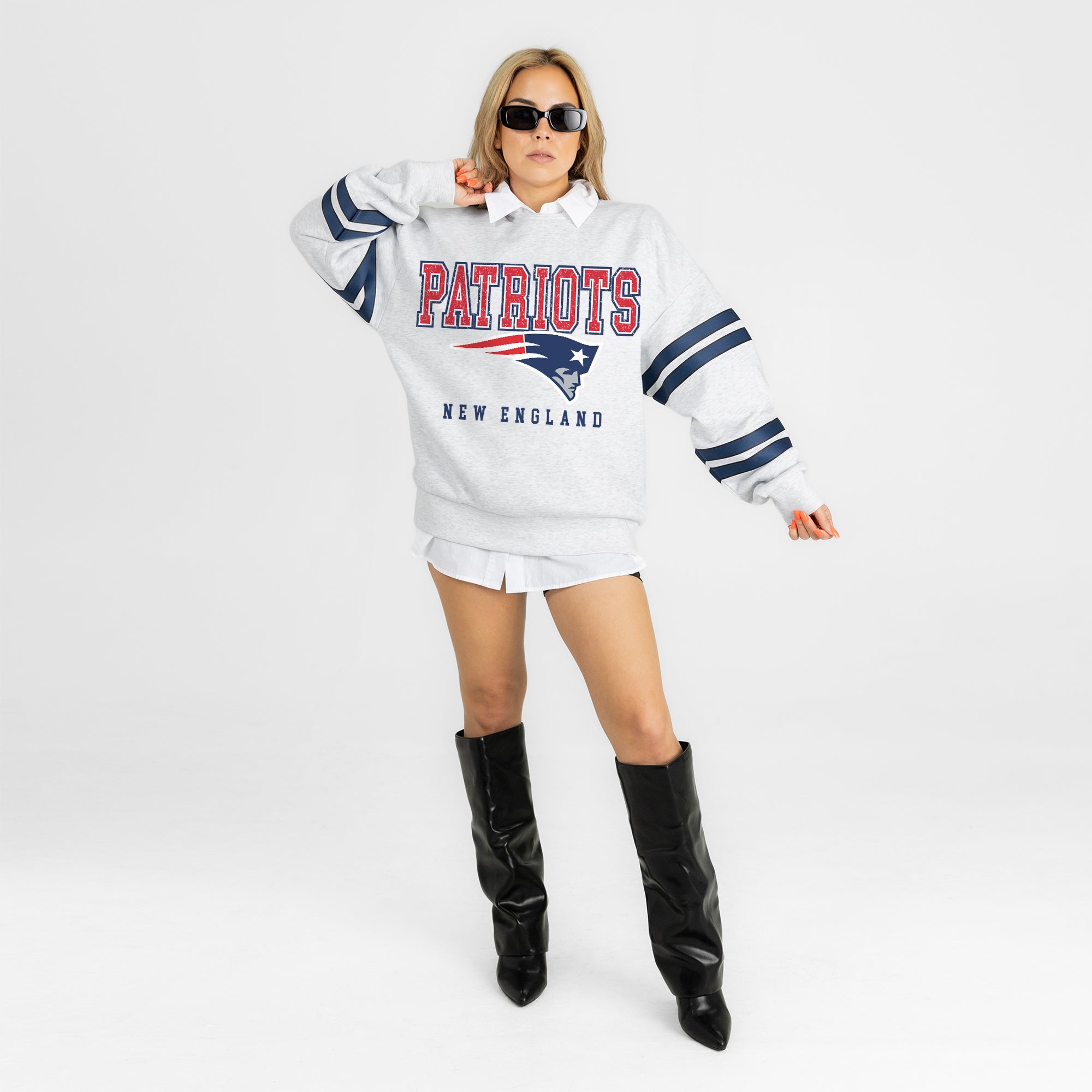 NEW ENGLAND PATRIOTS STADIUM STRIPES STRIPE SLEEVE CREWNECK SWEATSHIRT