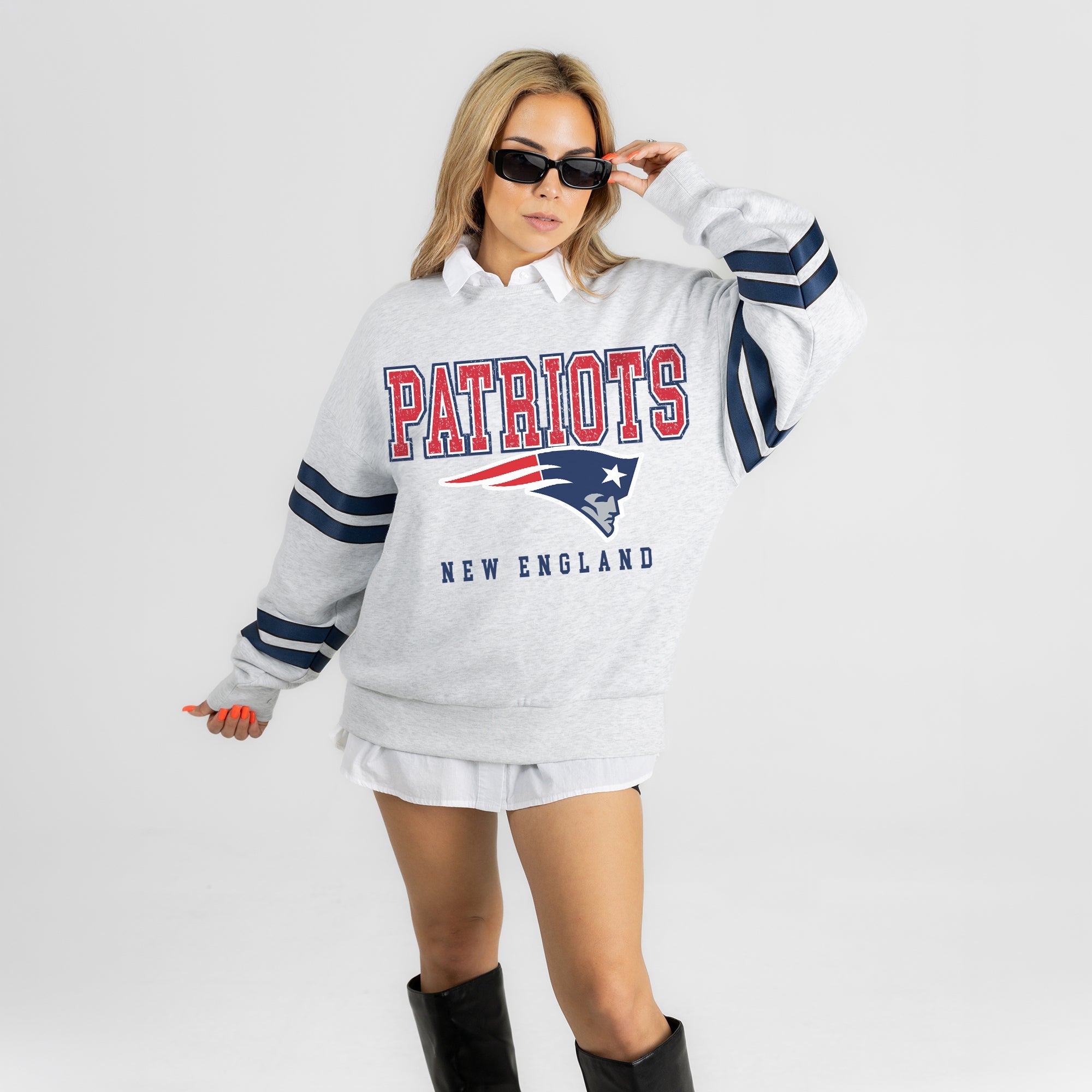 NEW ENGLAND PATRIOTS STADIUM STRIPES STRIPE SLEEVE CREWNECK SWEATSHIRT