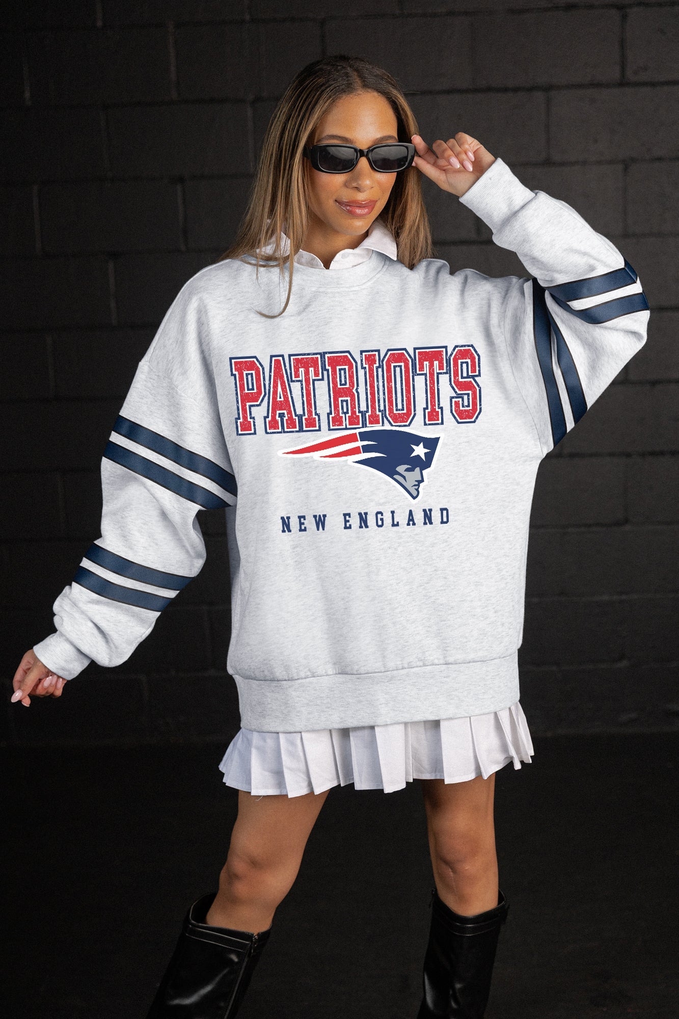 NEW ENGLAND PATRIOTS STADIUM STRIPES STRIPE SLEEVE CREWNECK SWEATSHIRT