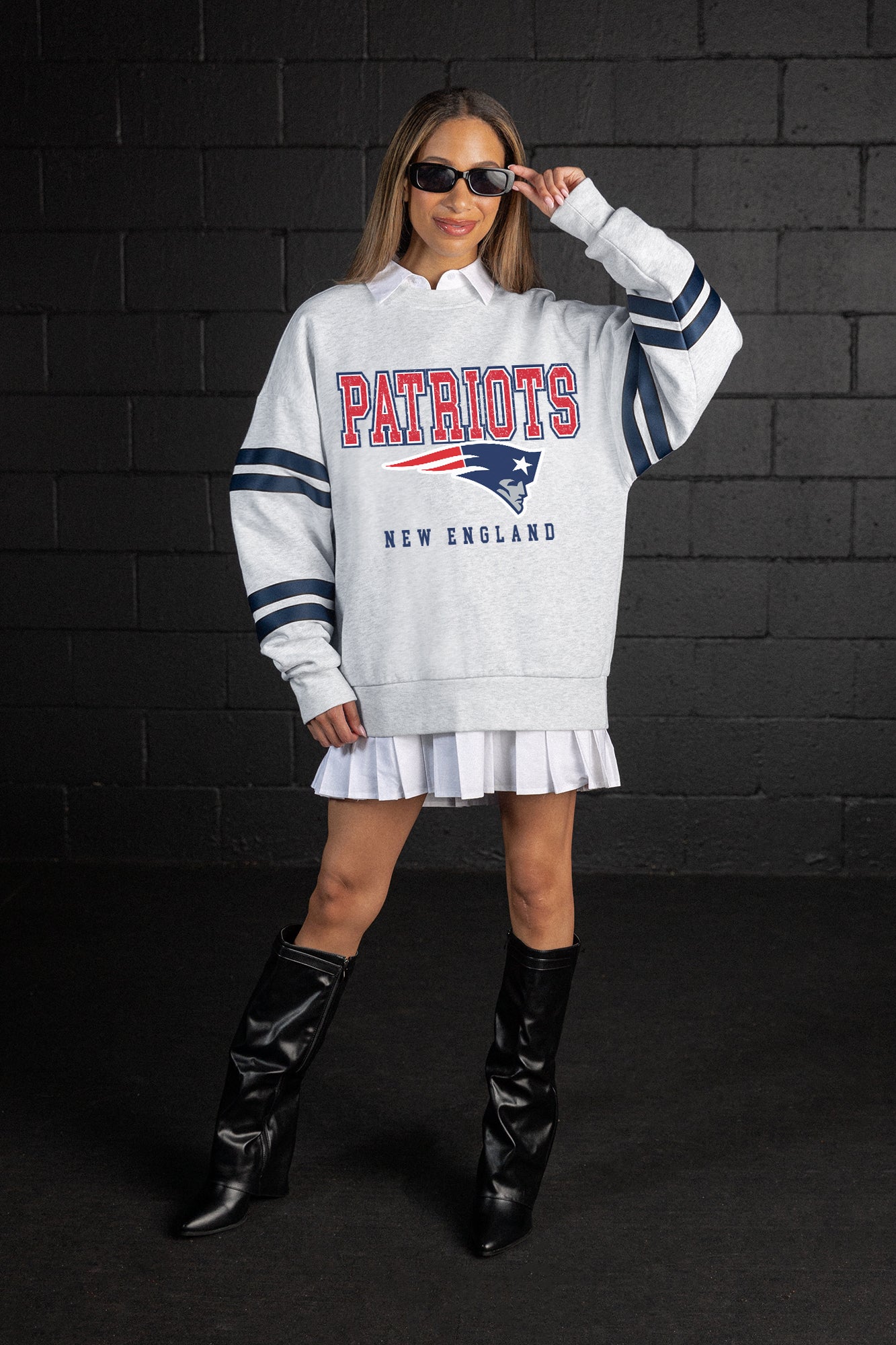NEW ENGLAND PATRIOTS STADIUM STRIPES STRIPE SLEEVE CREWNECK SWEATSHIRT