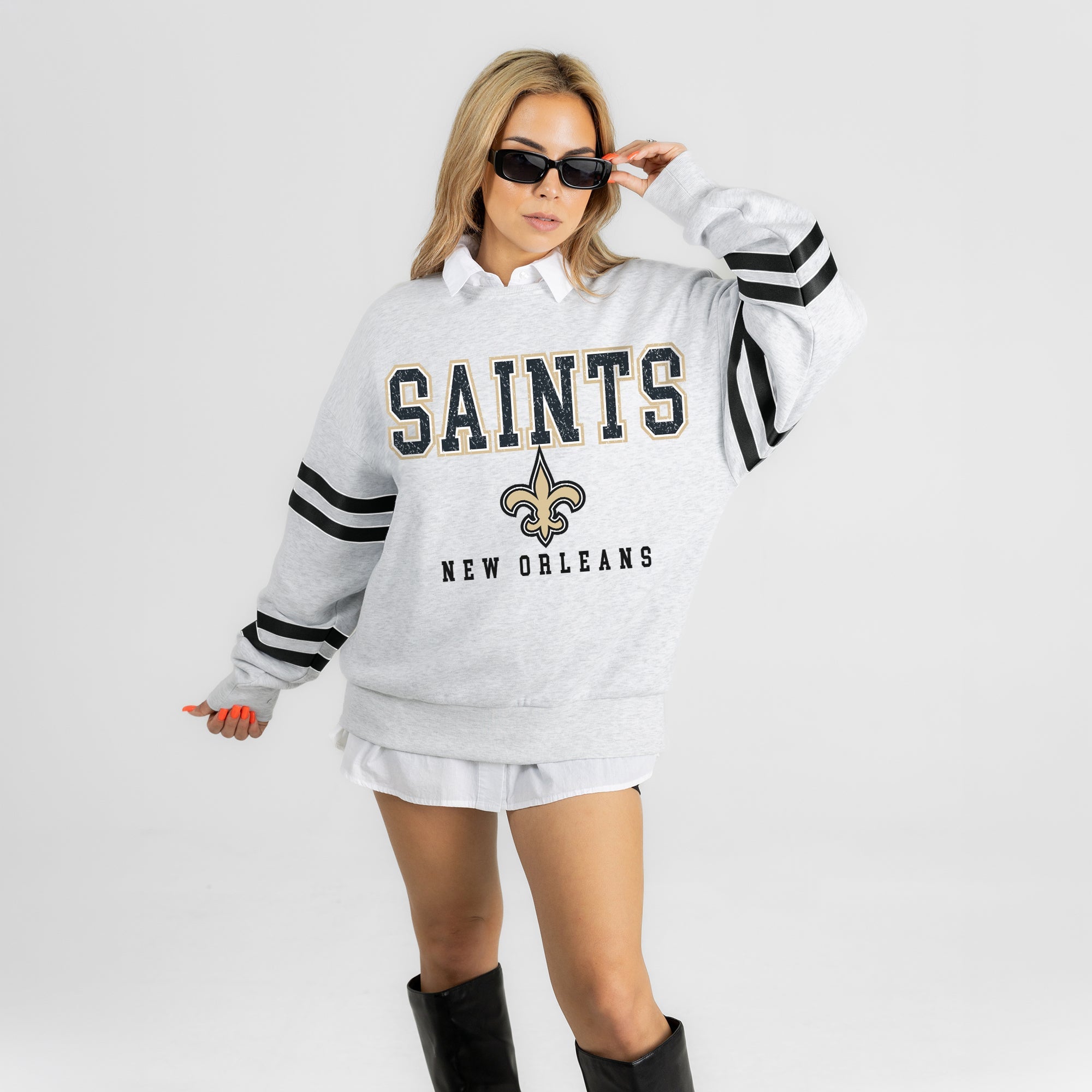 NEW ORLEANS SAINTS STADIUM STRIPES STRIPE SLEEVE CREWNECK SWEATSHIRT