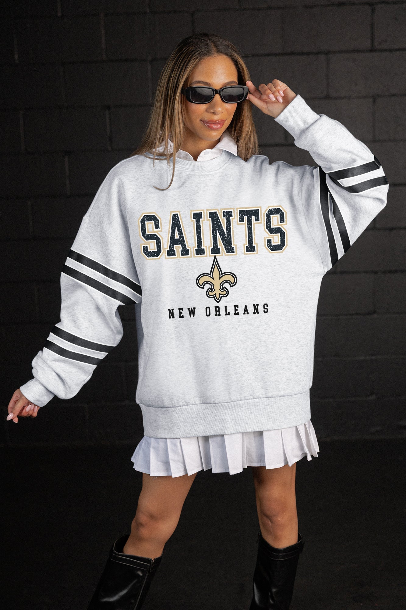 NEW ORLEANS SAINTS STADIUM STRIPES STRIPE SLEEVE CREWNECK SWEATSHIRT