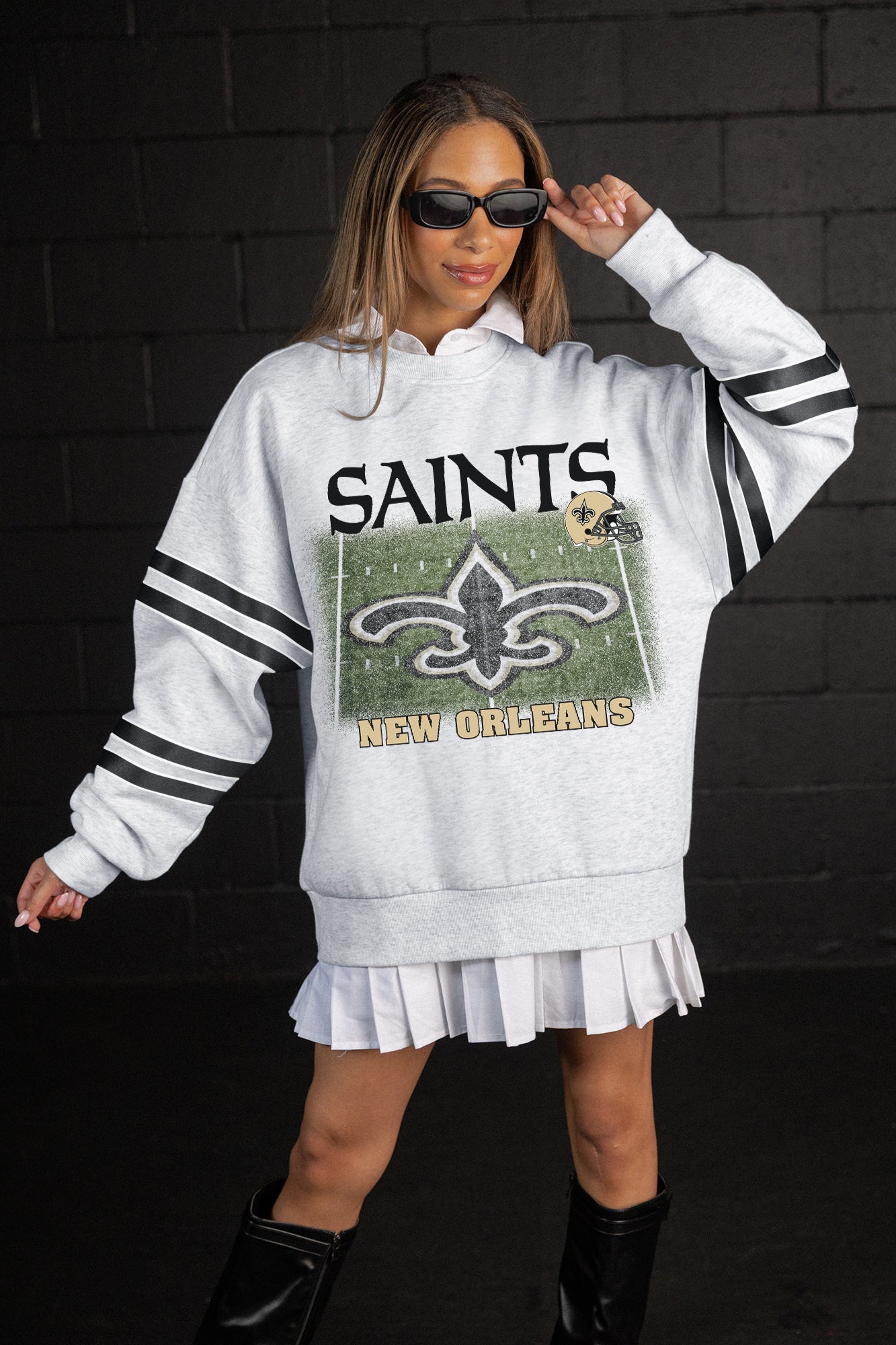 NEW ORLEANS SAINTS OFF THE GRID STRIPE SLEEVE CREWNECK SWEATSHIRT