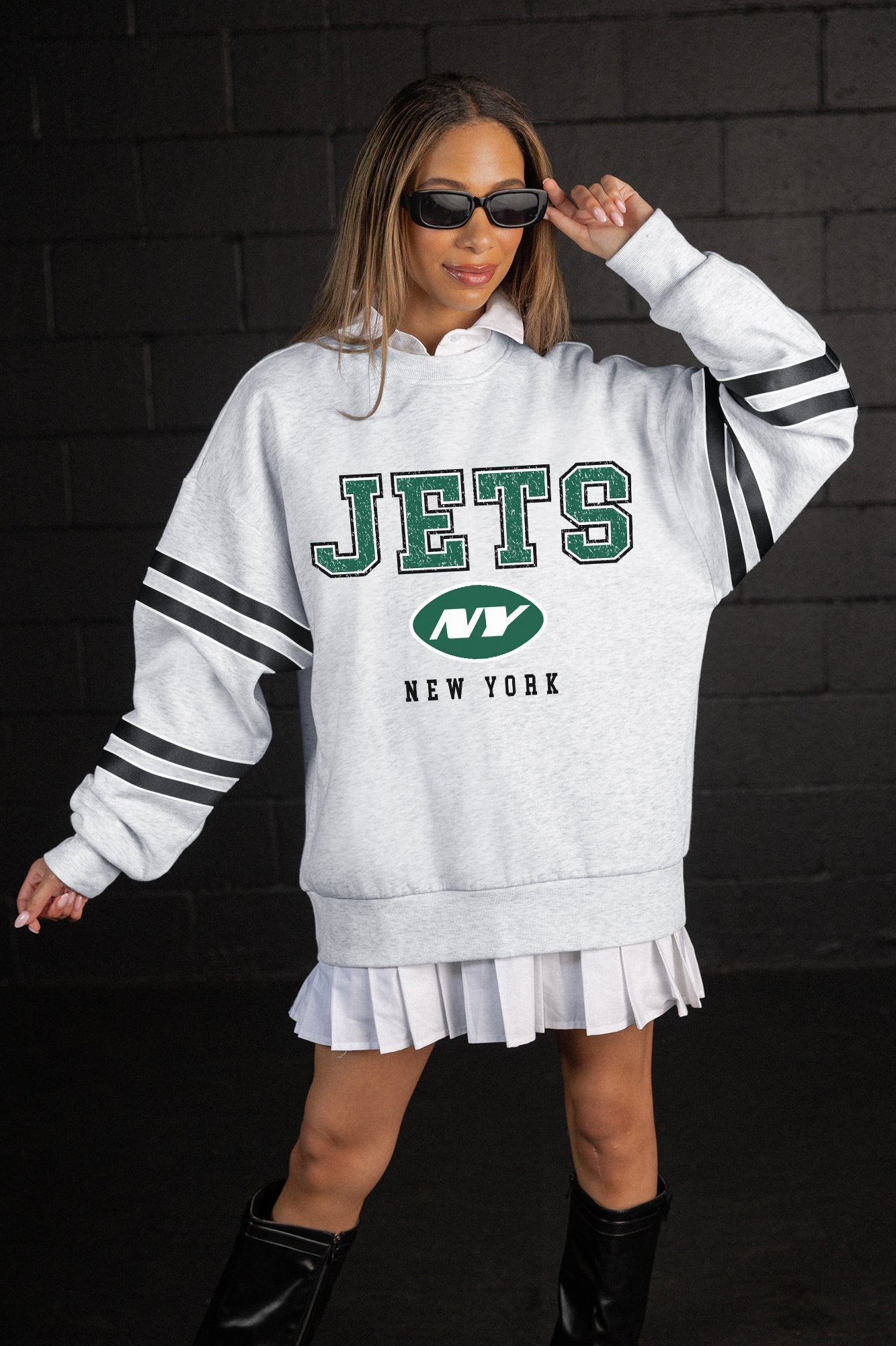 NEW YORK JETS STADIUM STRIPES STRIPE SLEEVE CREWNECK SWEATSHIRT