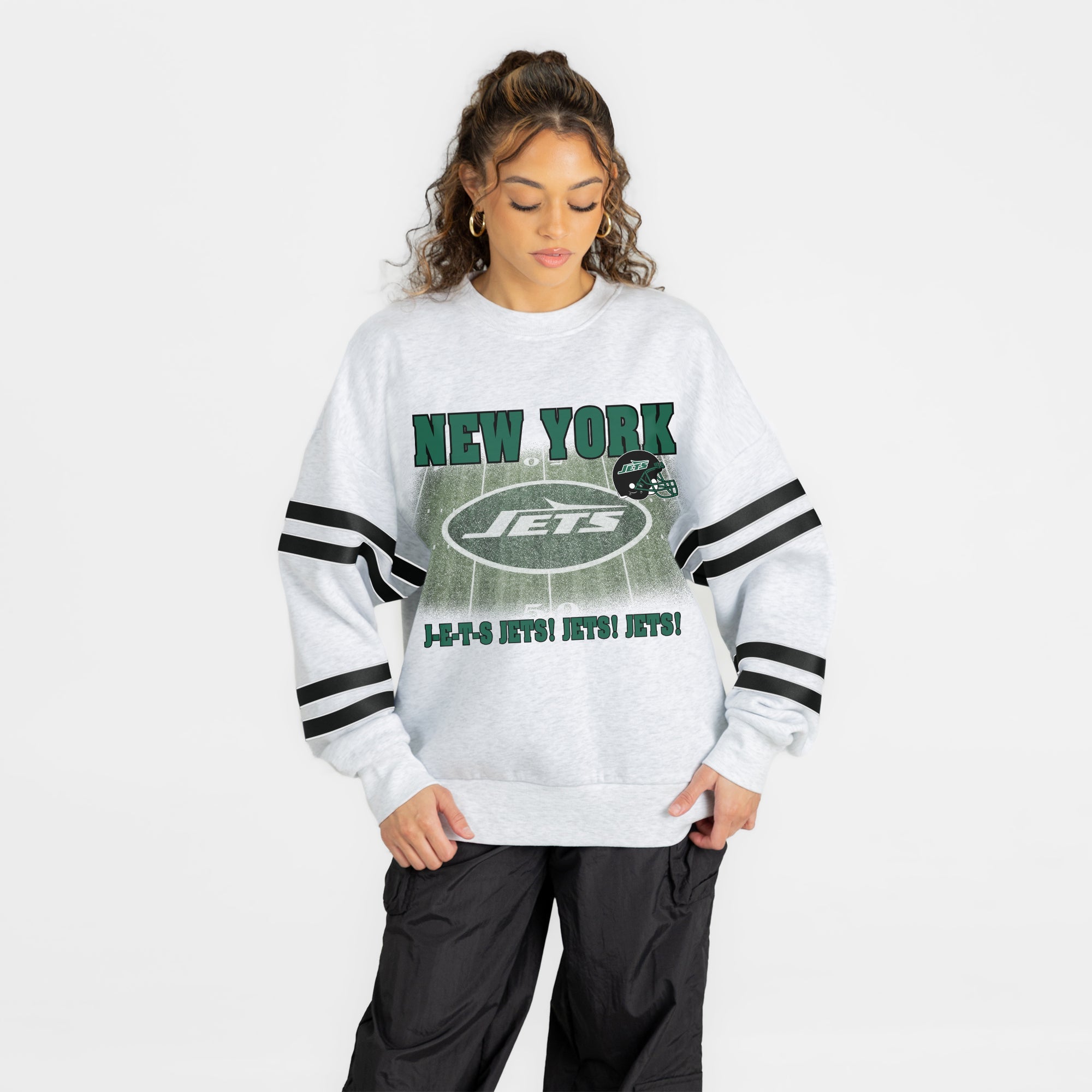 NEW YORK JETS OFF THE GRID STRIPE SLEEVE CREWNECK SWEATSHIRT