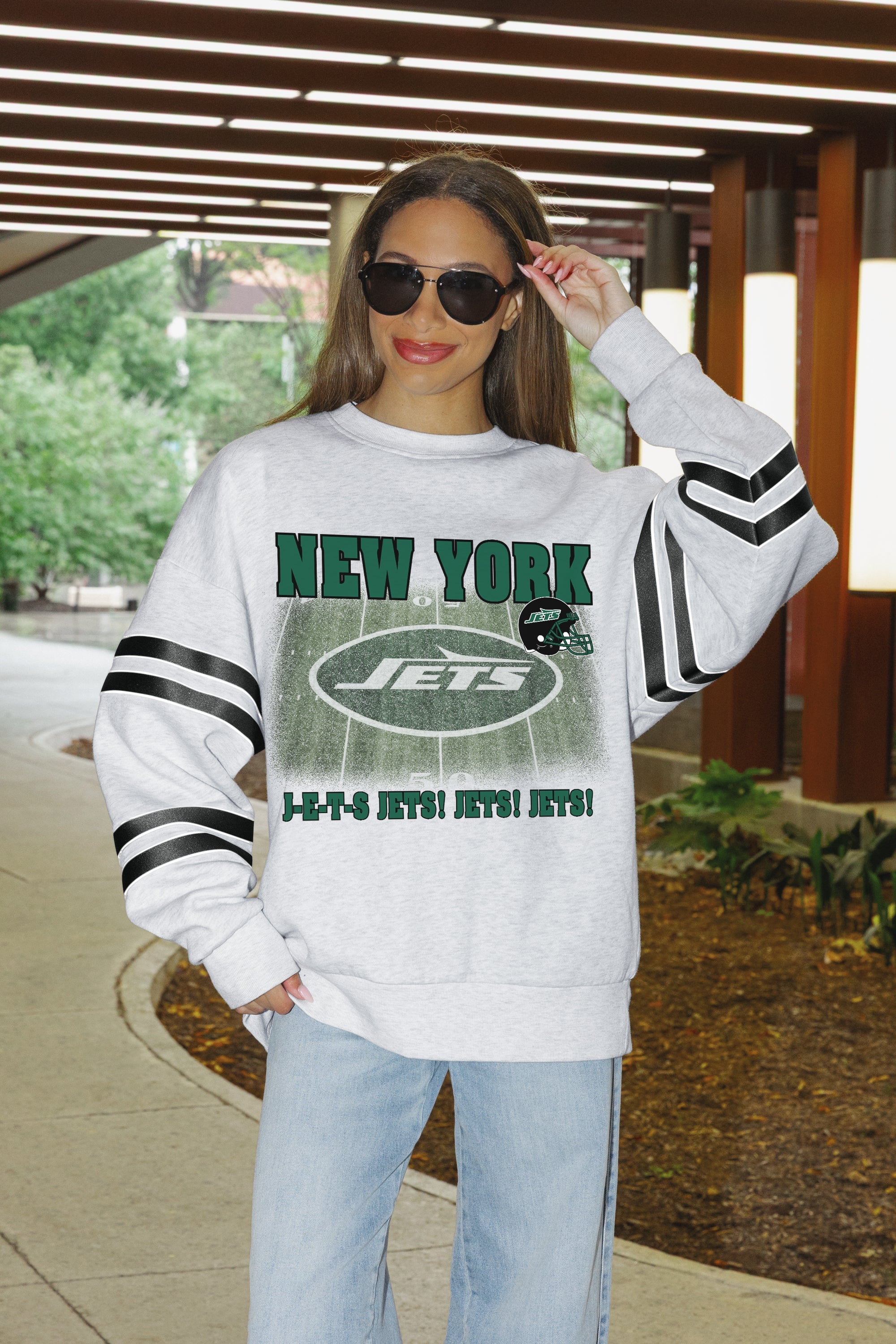 NEW YORK JETS OFF THE GRID STRIPE SLEEVE CREWNECK SWEATSHIRT