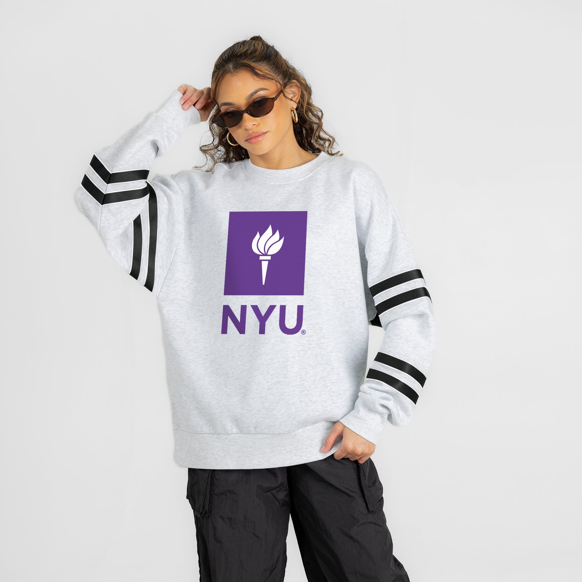 NEW YORK UNIVERSITY VIOLETS STADIUM STRIPES STRIPE SLEEVE CREWNECK SWEATSHIRT