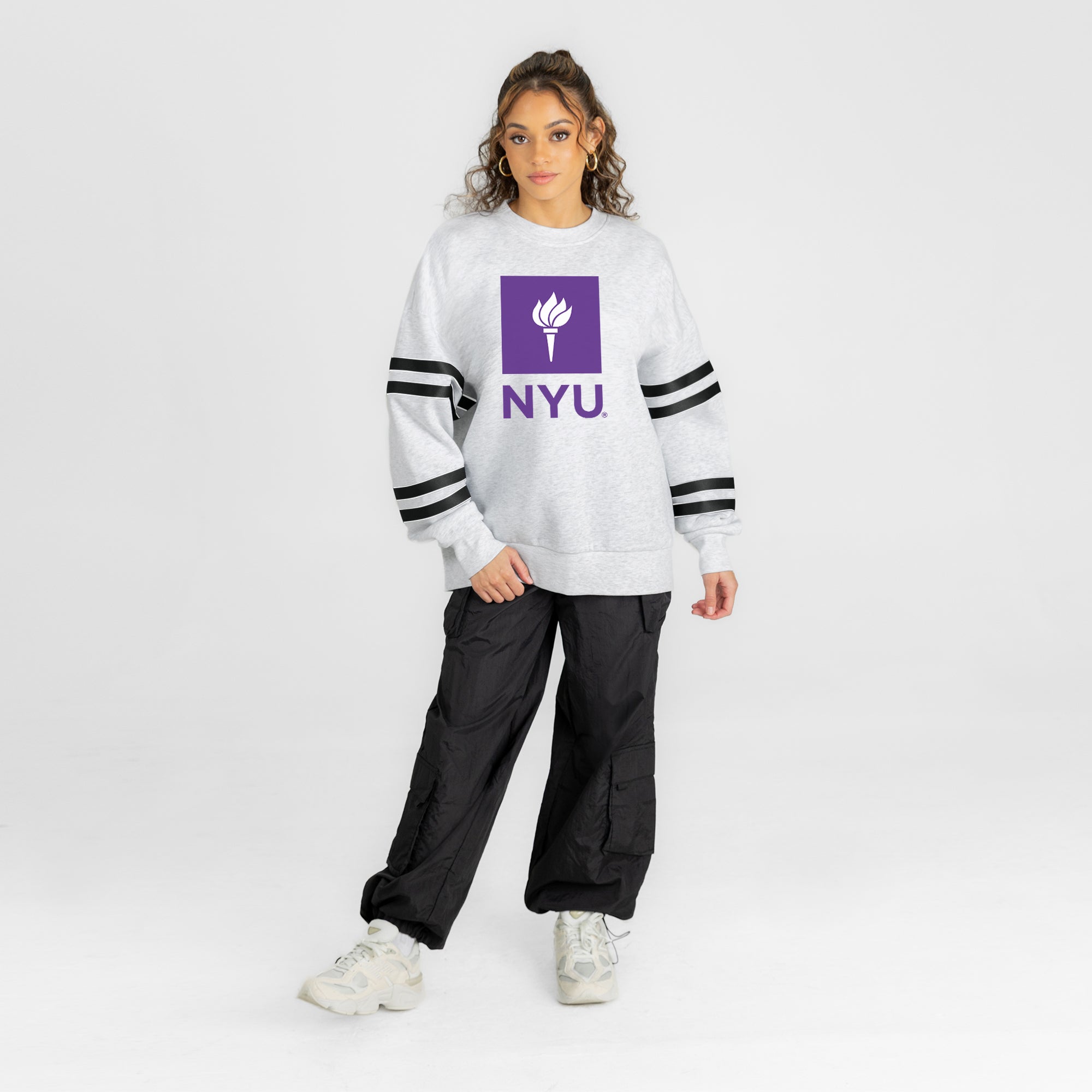 NEW YORK UNIVERSITY VIOLETS STADIUM STRIPES STRIPE SLEEVE CREWNECK SWEATSHIRT