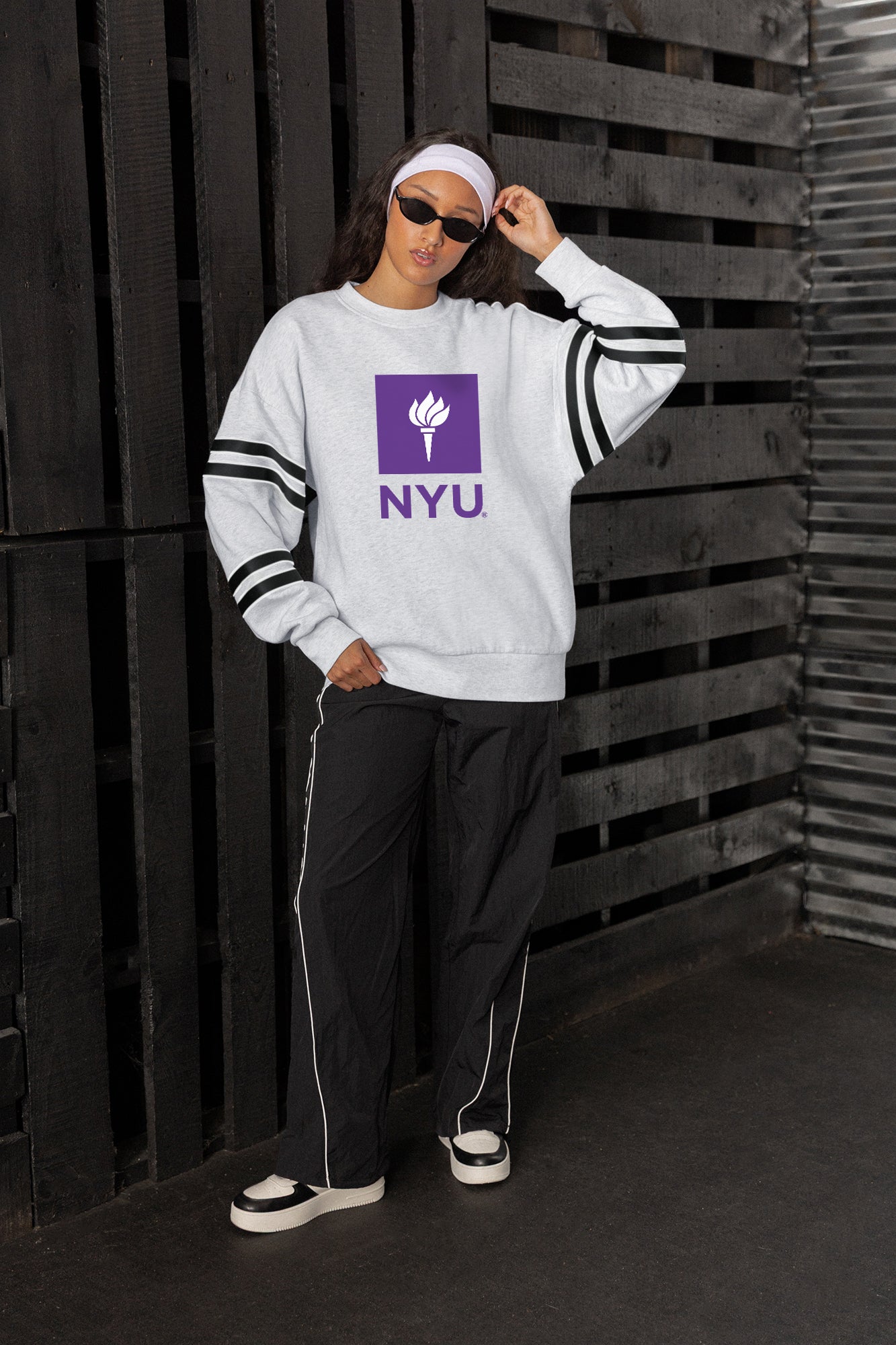 NEW YORK UNIVERSITY VIOLETS STADIUM STRIPES STRIPE SLEEVE CREWNECK SWEATSHIRT