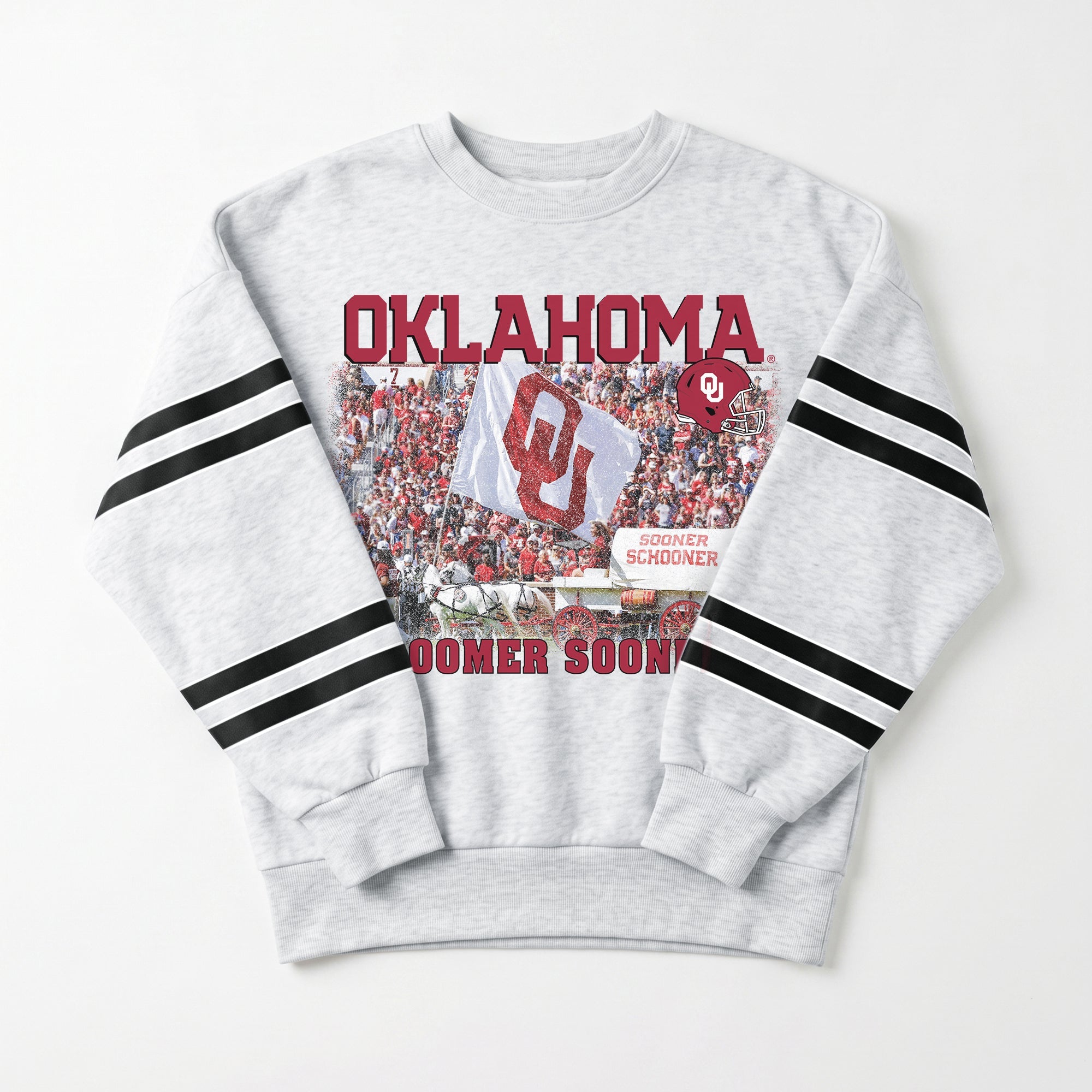 OKLAHOMA SOONERS OFF THE GRID STRIPE SLEEVE CREWNECK SWEATSHIRT