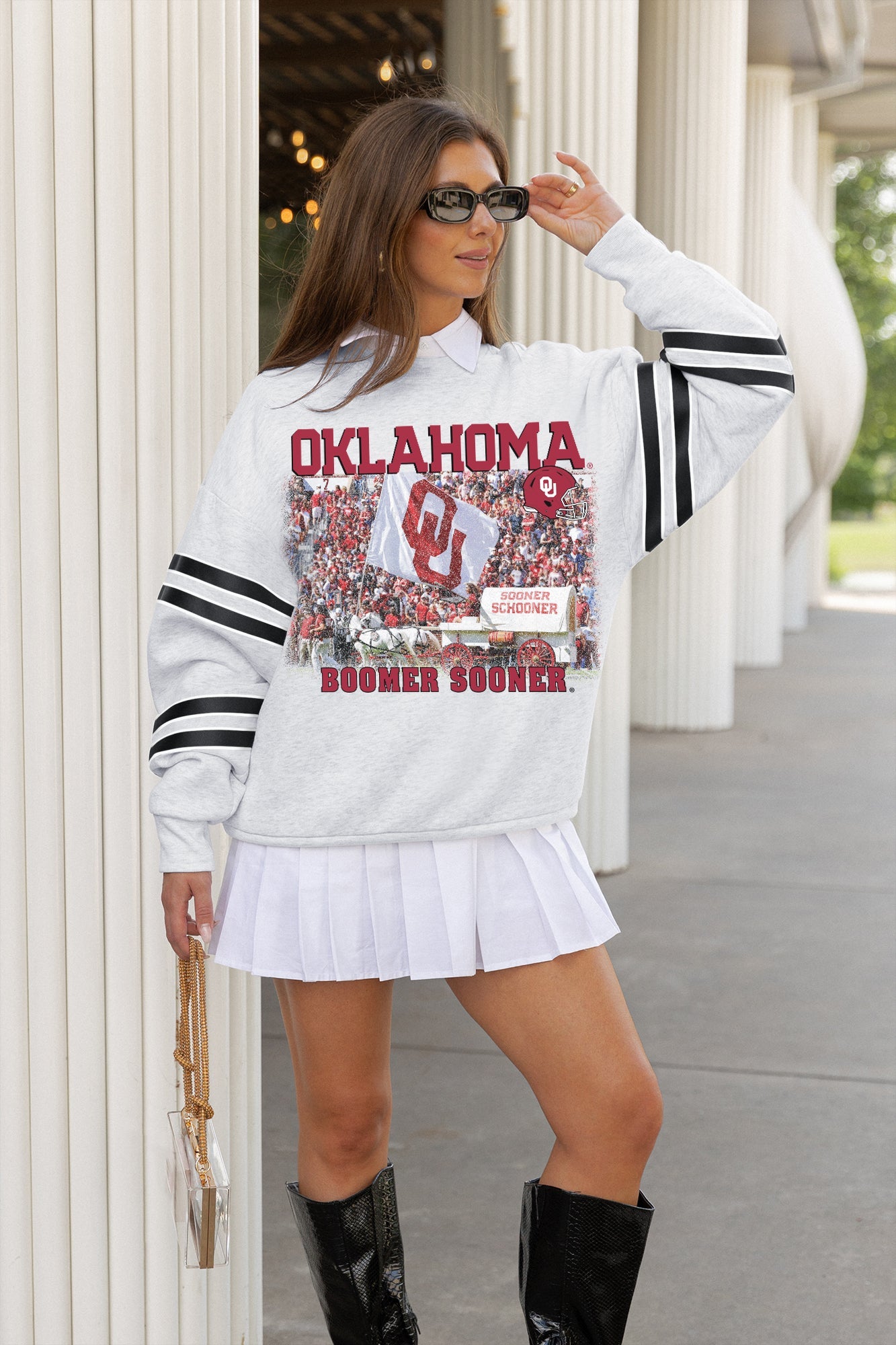 OKLAHOMA SOONERS OFF THE GRID STRIPE SLEEVE CREWNECK SWEATSHIRT