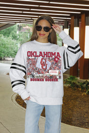 OKLAHOMA SOONERS OFF THE GRID STRIPE SLEEVE CREWNECK SWEATSHIRT