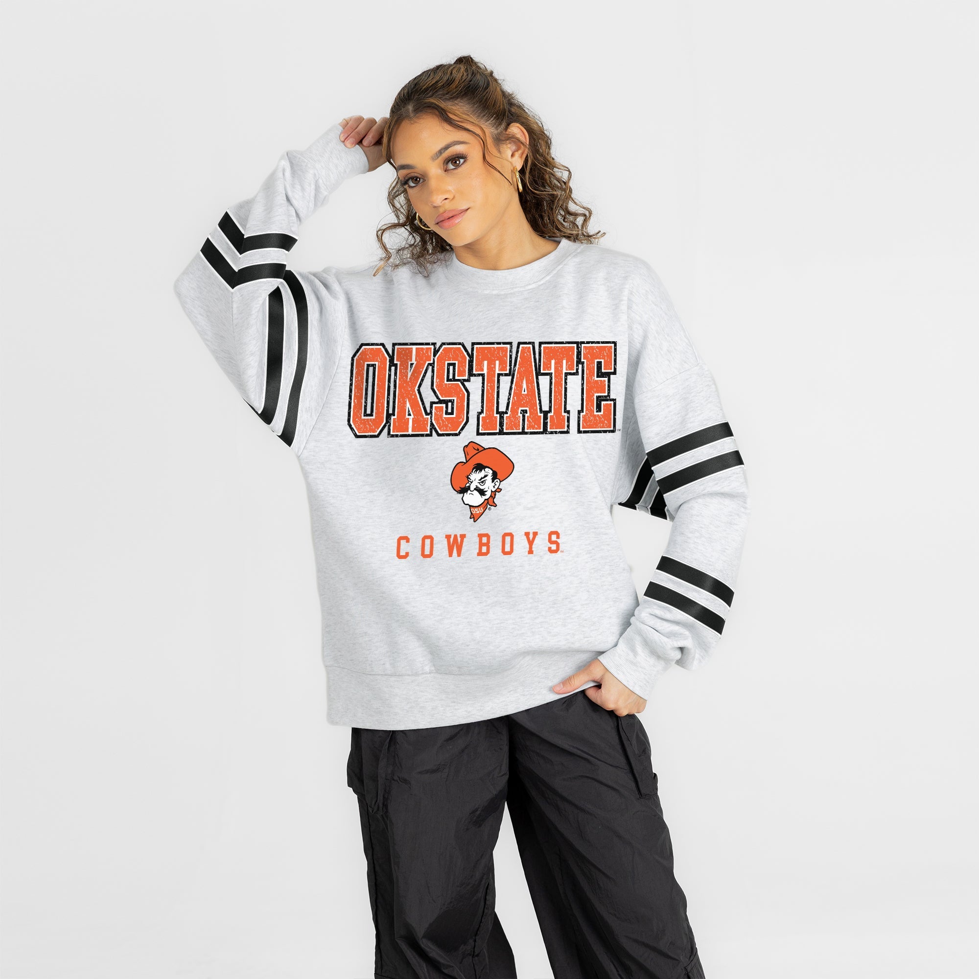 OKLAHOMA STATE COWBOYS STADIUM STRIPES STRIPE SLEEVE CREWNECK SWEATSHIRT