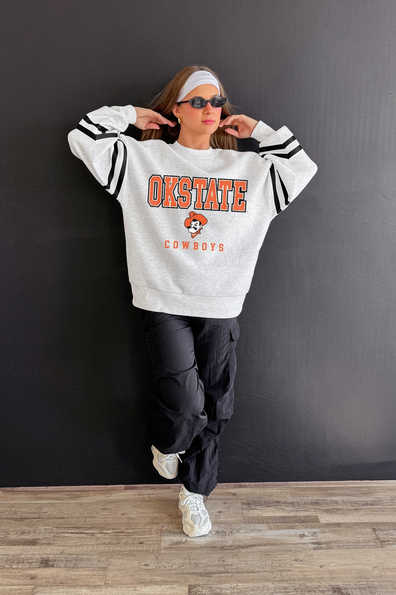 OKLAHOMA STATE COWBOYS STADIUM STRIPES STRIPE SLEEVE CREWNECK SWEATSHIRT