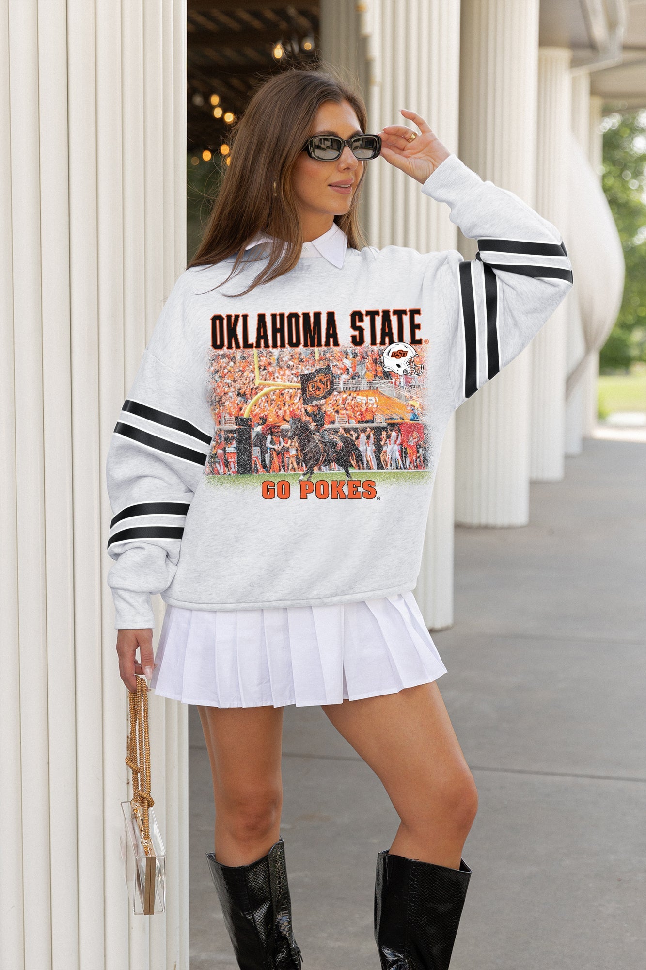 OKLAHOMA STATE COWBOYS OFF THE GRID STRIPE SLEEVE CREWNECK SWEATSHIRT