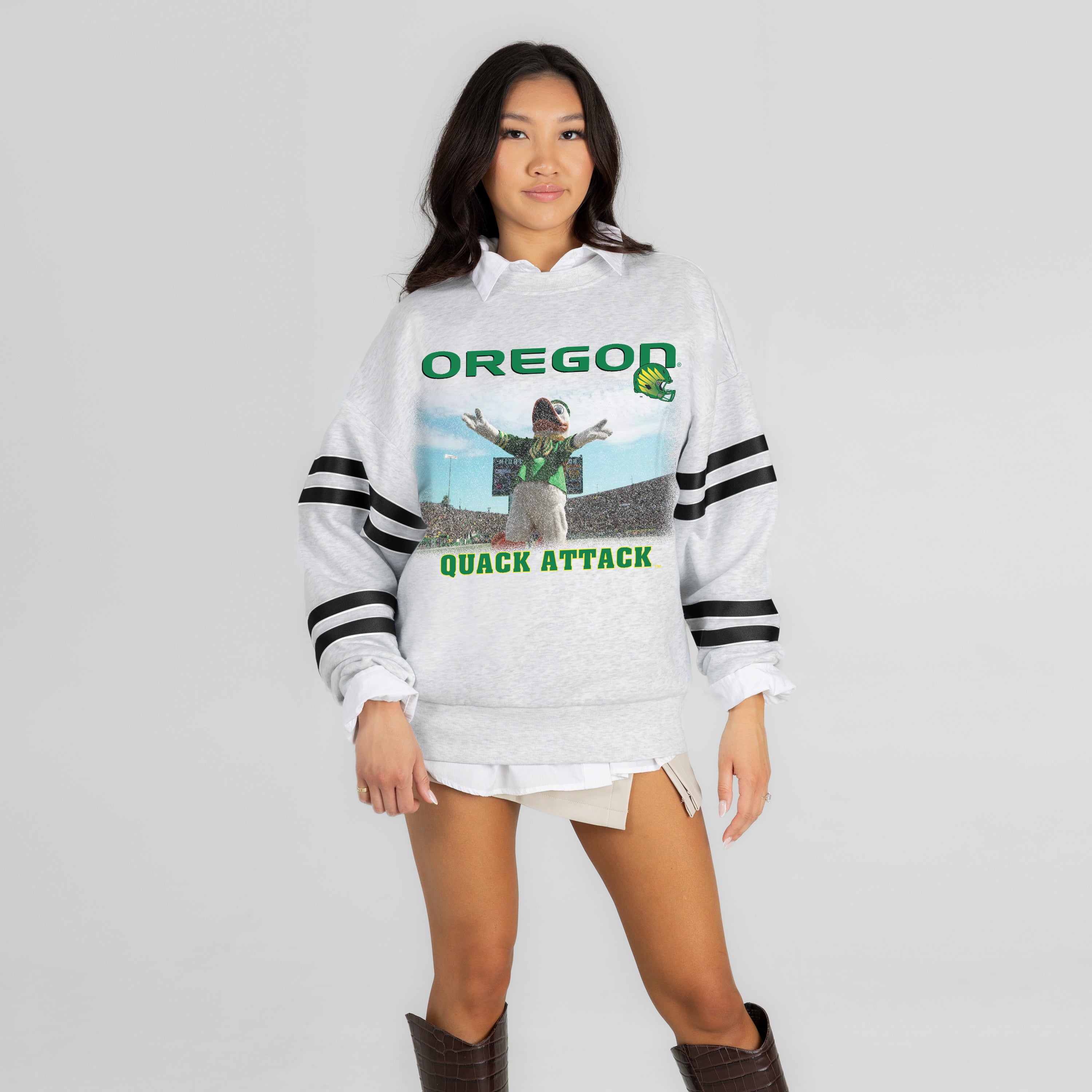 OREGON DUCKS OFF THE GRID STRIPE SLEEVE CREWNECK SWEATSHIRT