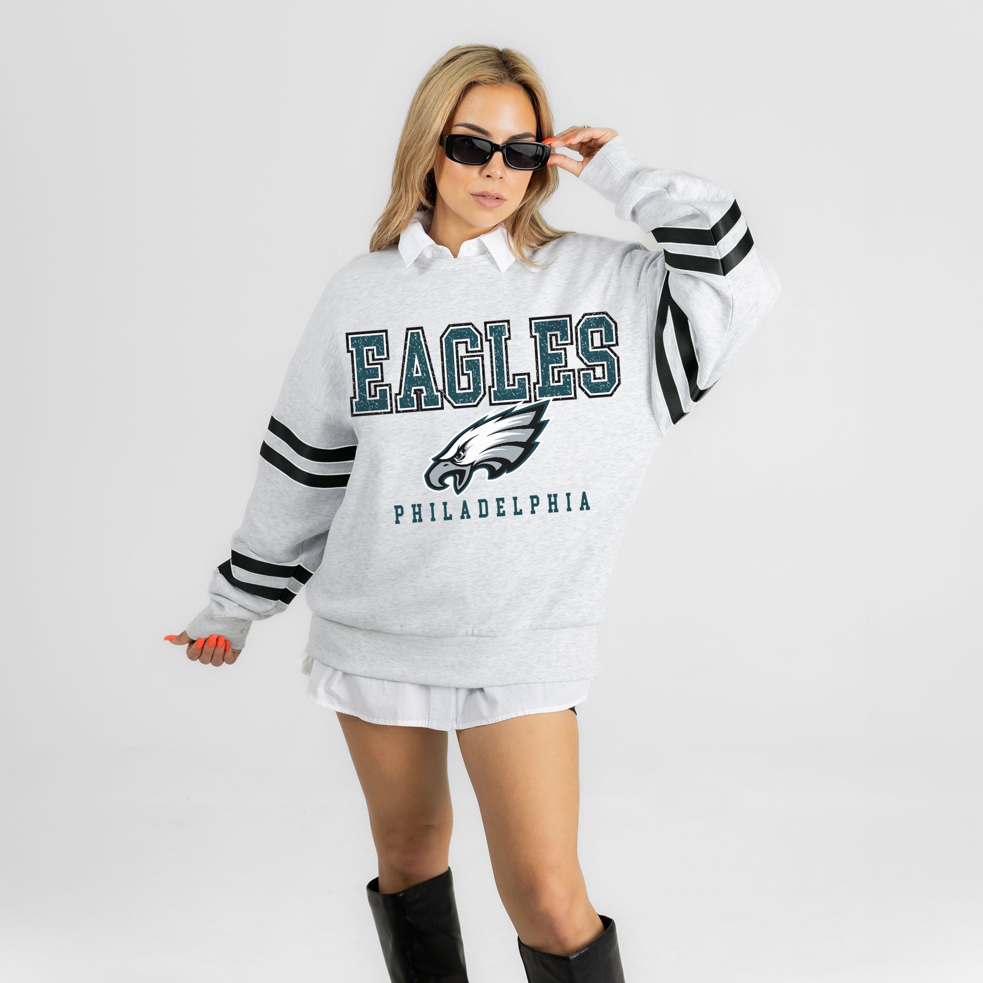 PHILADELPHIA EAGLES STADIUM STRIPES STRIPE SLEEVE CREWNECK SWEATSHIRT