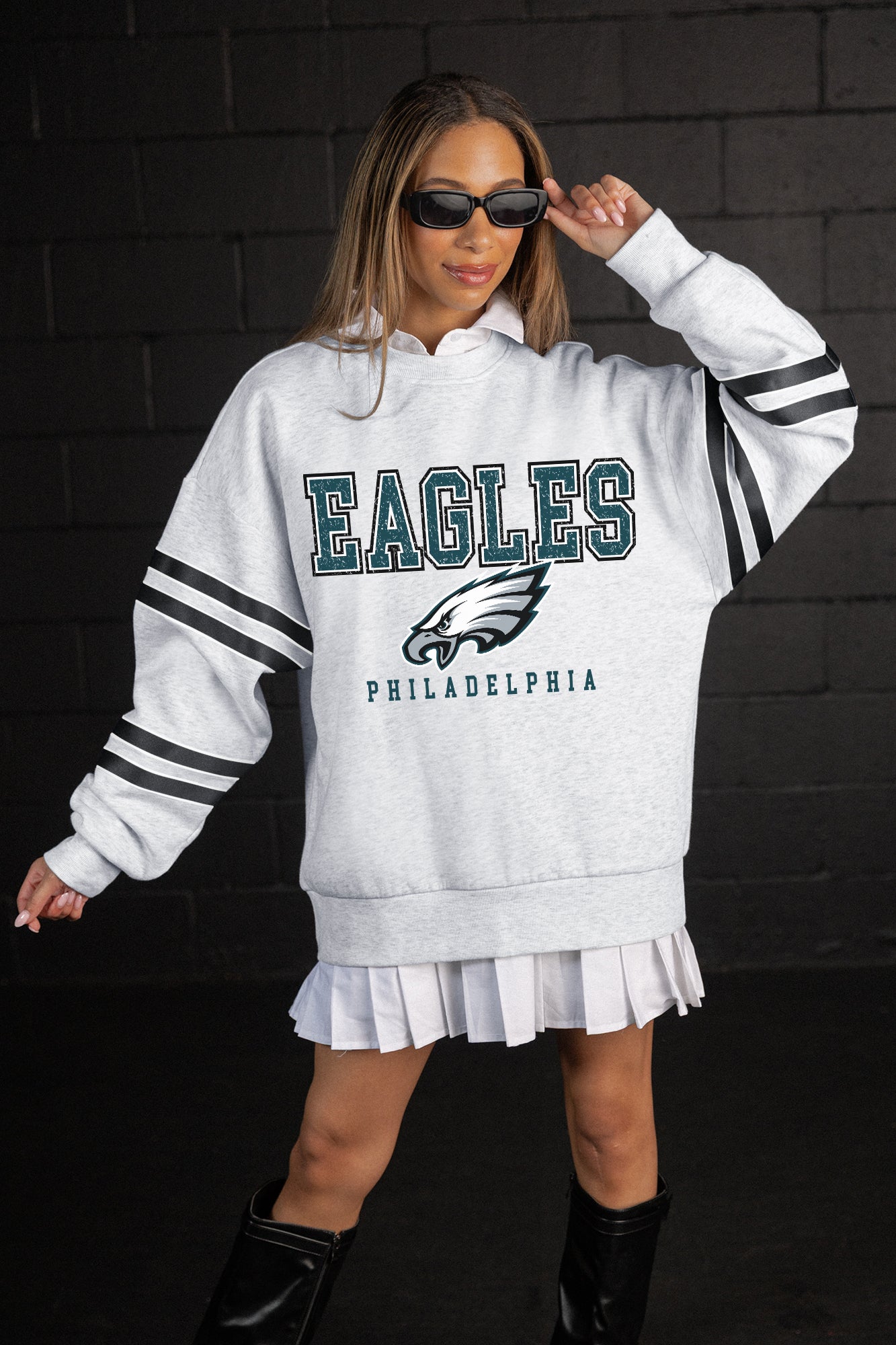 PHILADELPHIA EAGLES STADIUM STRIPES STRIPE SLEEVE CREWNECK SWEATSHIRT