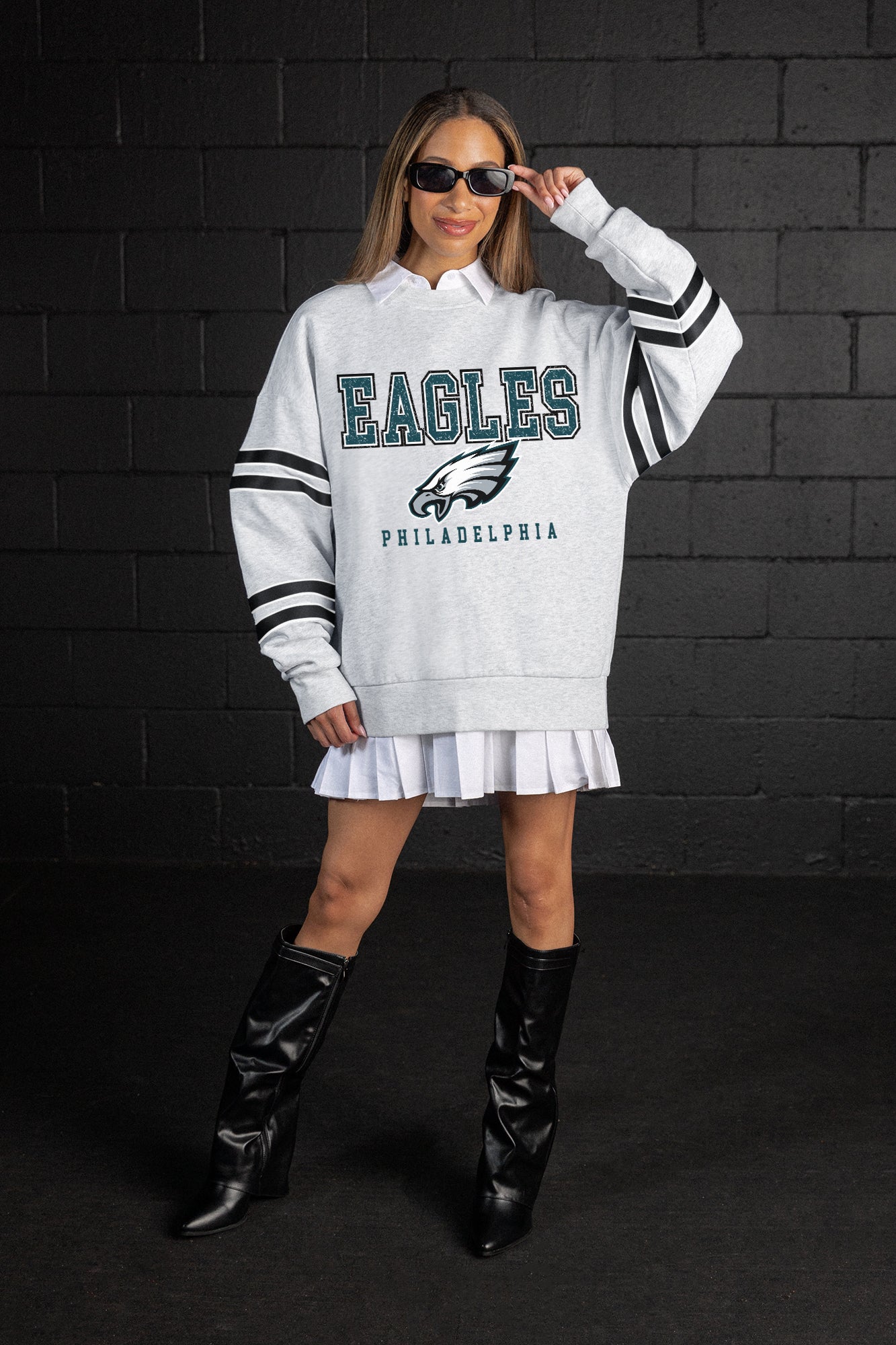 PHILADELPHIA EAGLES STADIUM STRIPES STRIPE SLEEVE CREWNECK SWEATSHIRT