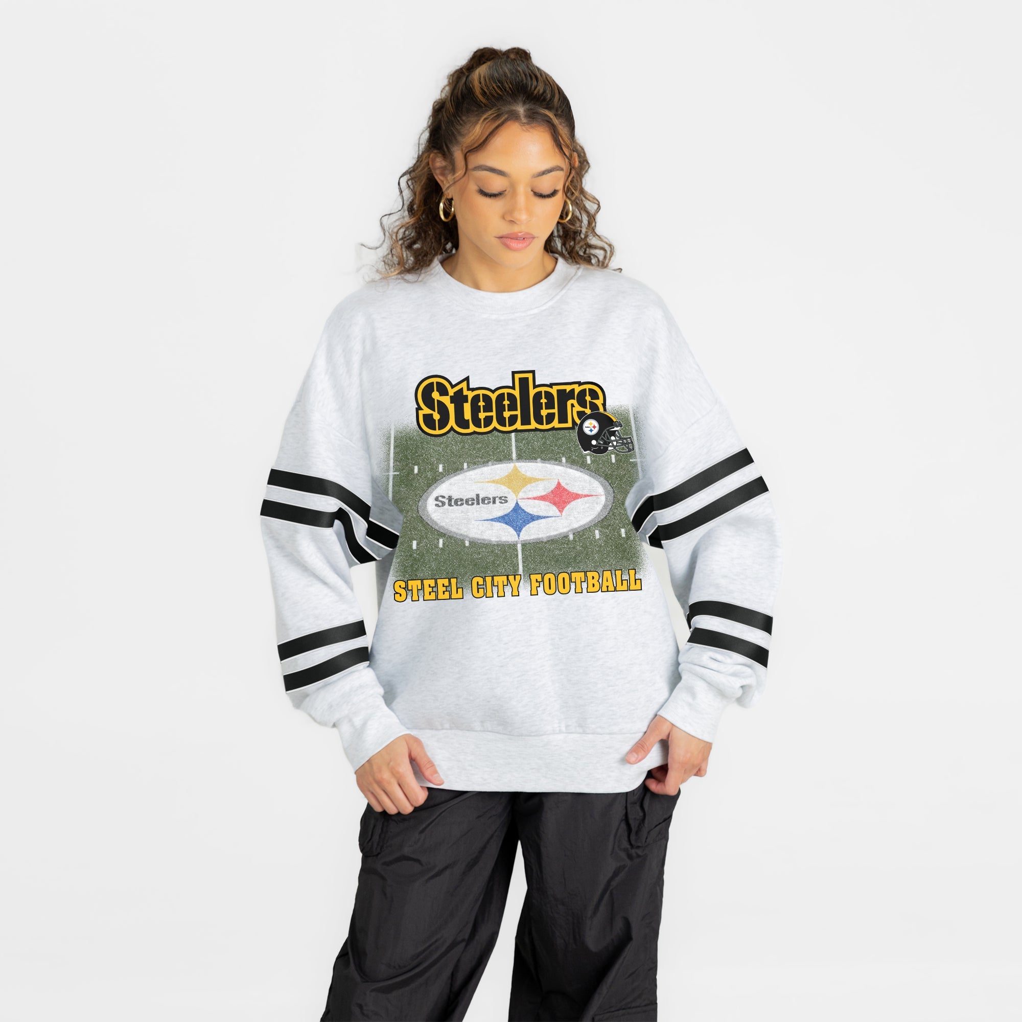 PITTSBURGH STEELERS OFF THE GRID STRIPE SLEEVE CREWNECK SWEATSHIRT