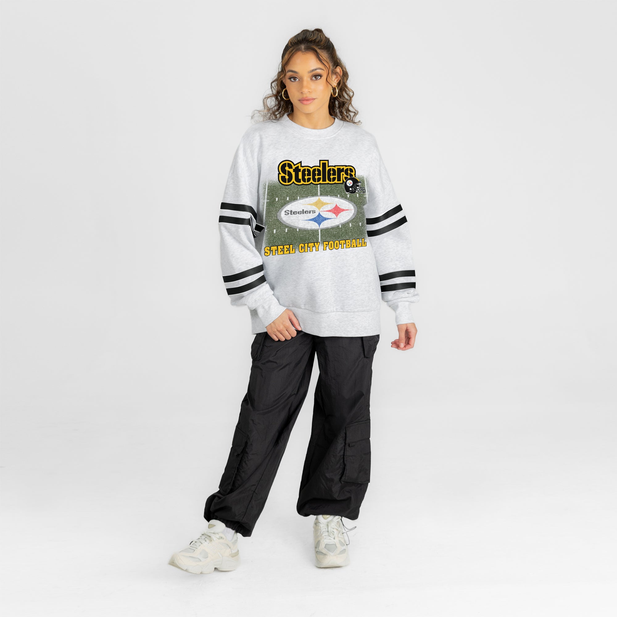 PITTSBURGH STEELERS OFF THE GRID STRIPE SLEEVE CREWNECK SWEATSHIRT