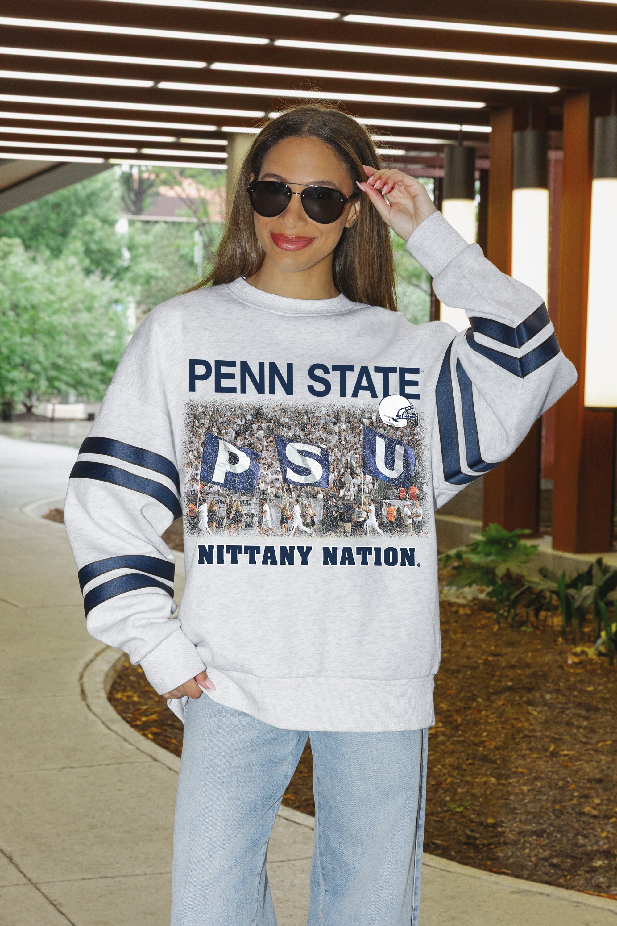 PENN STATE NITTANY LIONS OFF THE GRID STRIPE SLEEVE CREWNECK SWEATSHIRT