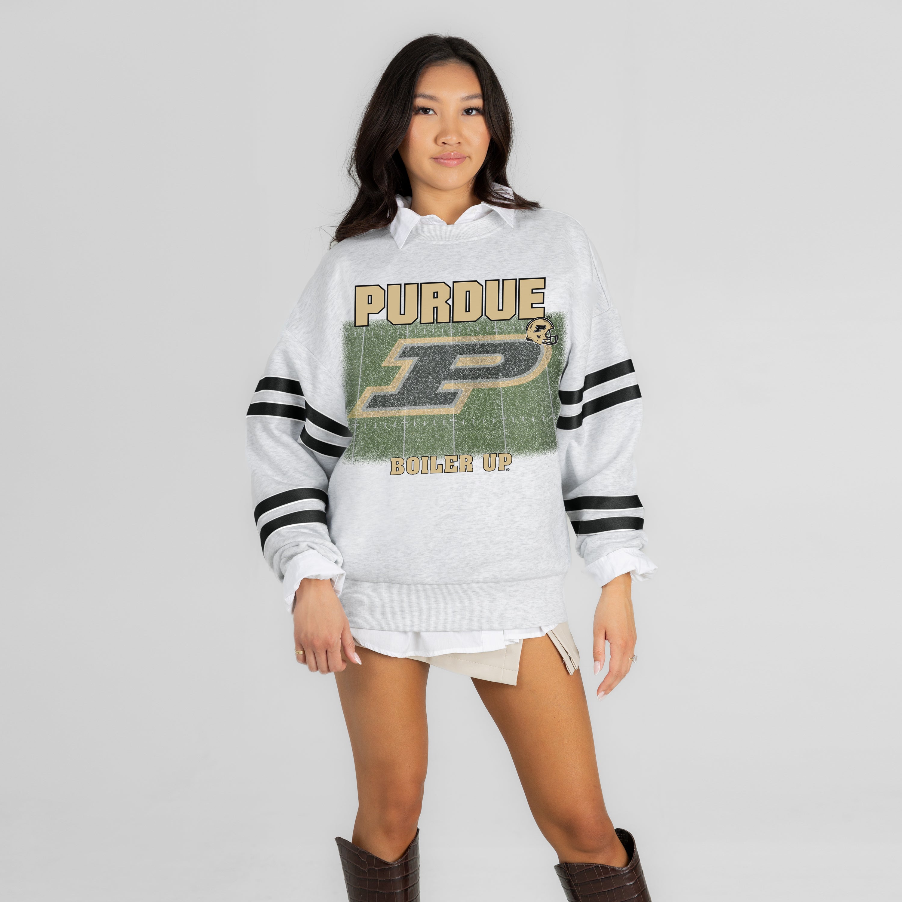 PURDUE BOILERMAKERS OFF THE GRID STRIPE SLEEVE CREWNECK SWEATSHIRT