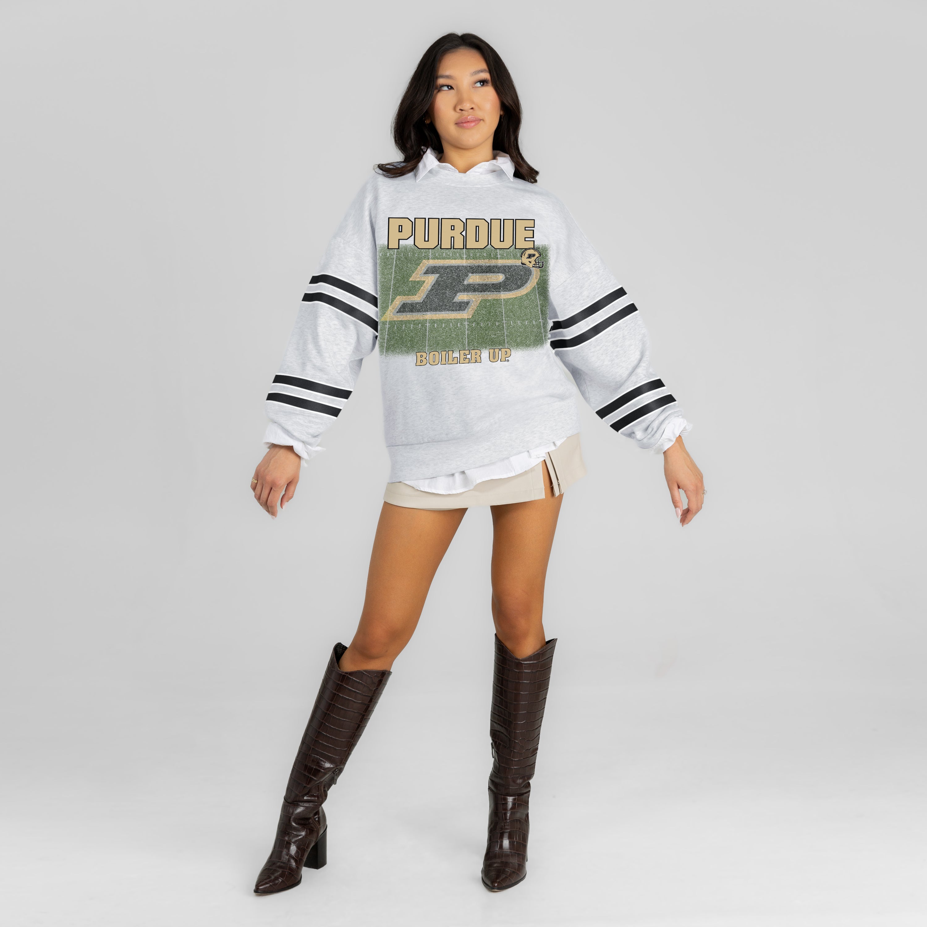 PURDUE BOILERMAKERS OFF THE GRID STRIPE SLEEVE CREWNECK SWEATSHIRT
