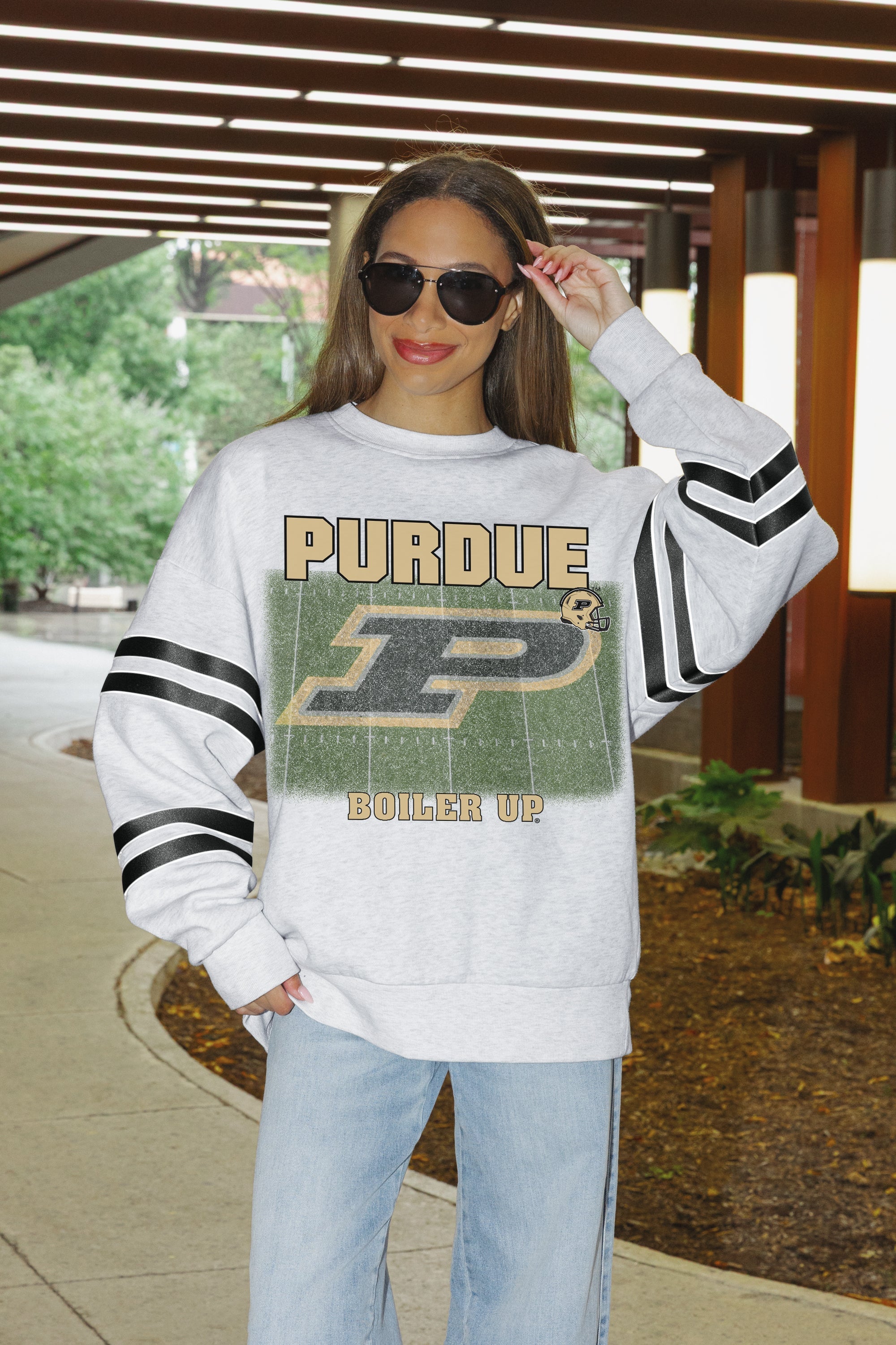 PURDUE BOILERMAKERS OFF THE GRID STRIPE SLEEVE CREWNECK SWEATSHIRT
