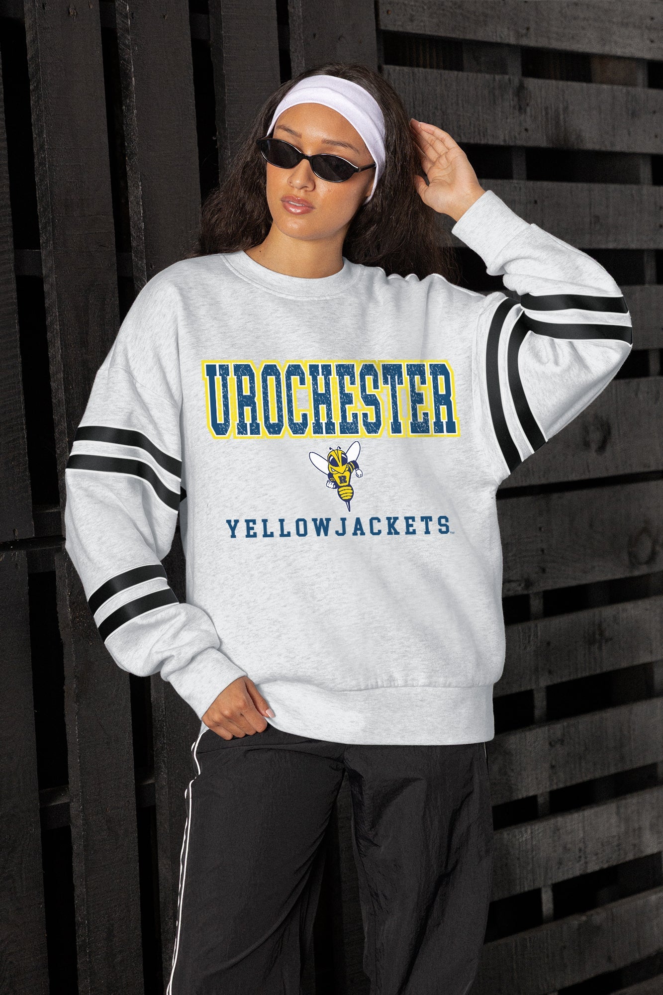 ROCHESTER YELLOWJACKETS STADIUM STRIPES STRIPE SLEEVE CREWNECK SWEATSHIRT