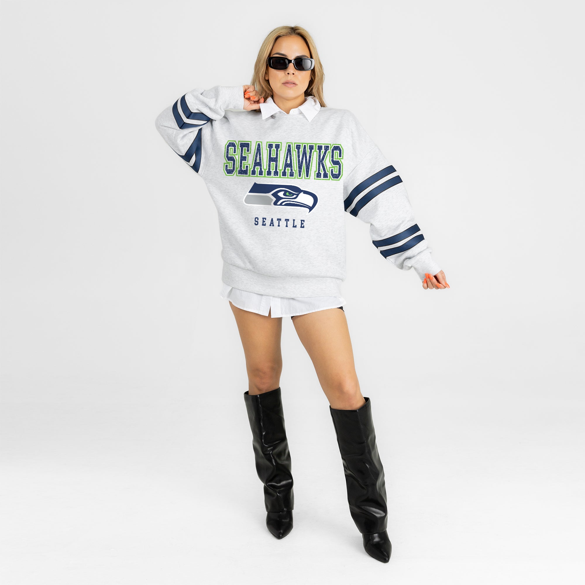 SEATTLE SEAHAWKS STADIUM STRIPES STRIPE SLEEVE CREWNECK SWEATSHIRT