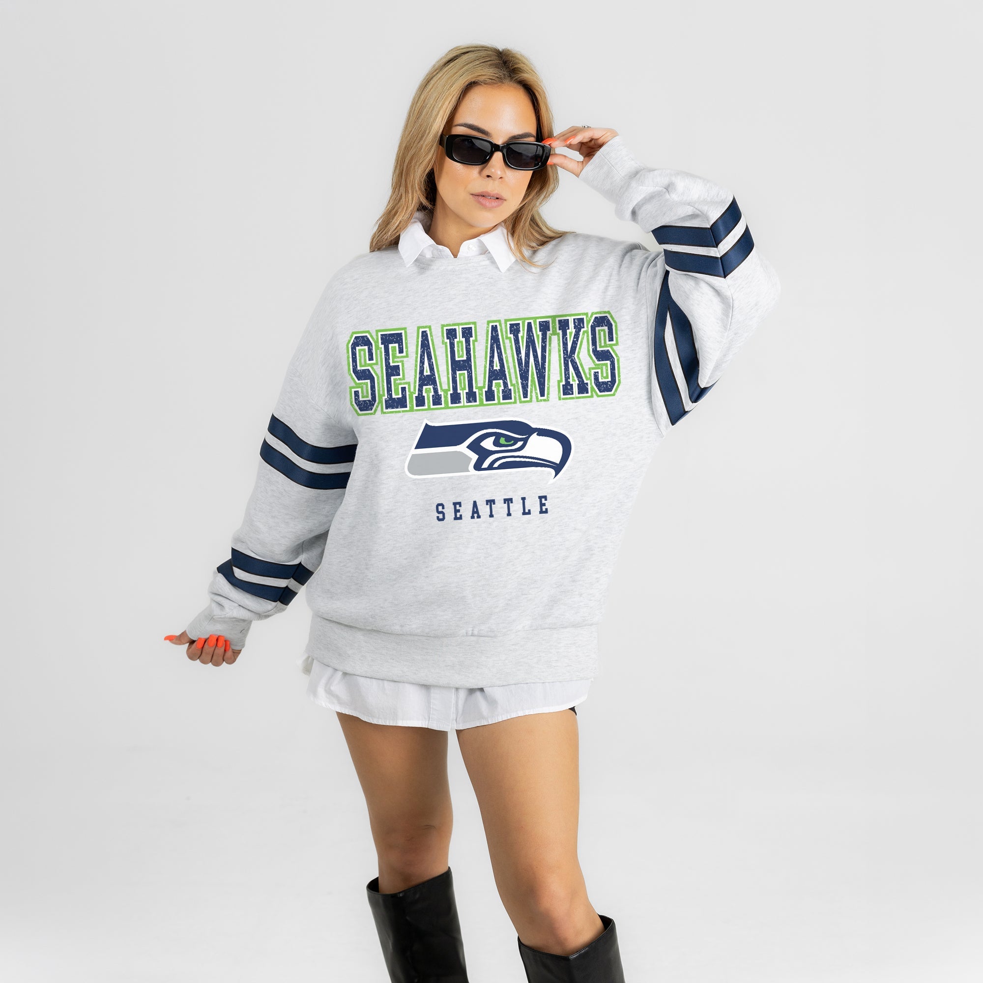 SEATTLE SEAHAWKS STADIUM STRIPES STRIPE SLEEVE CREWNECK SWEATSHIRT