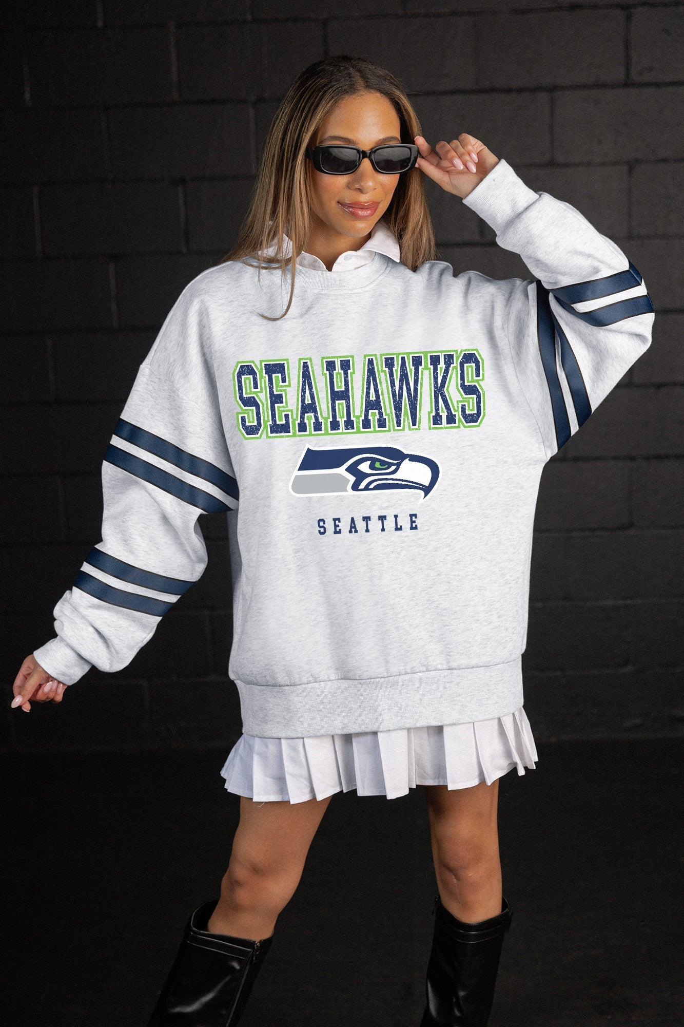 SEATTLE SEAHAWKS STADIUM STRIPES STRIPE SLEEVE CREWNECK SWEATSHIRT