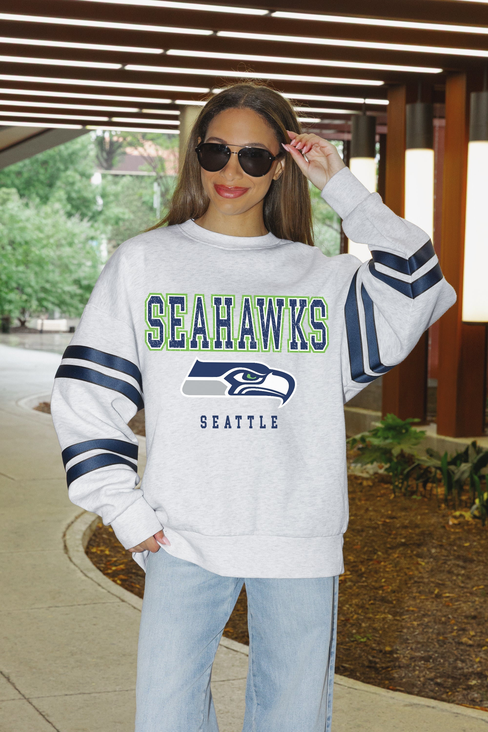 SEATTLE SEAHAWKS STADIUM STRIPES STRIPE SLEEVE CREWNECK SWEATSHIRT