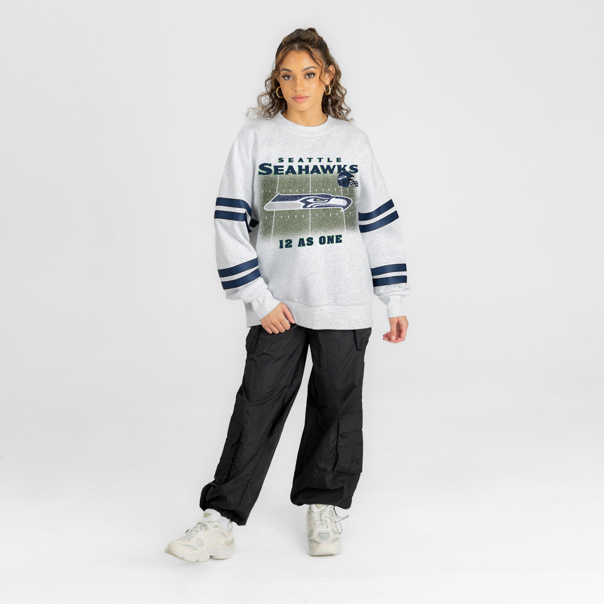 SEATTLE SEAHAWKS OFF THE GRID STRIPE SLEEVE CREWNECK SWEATSHIRT