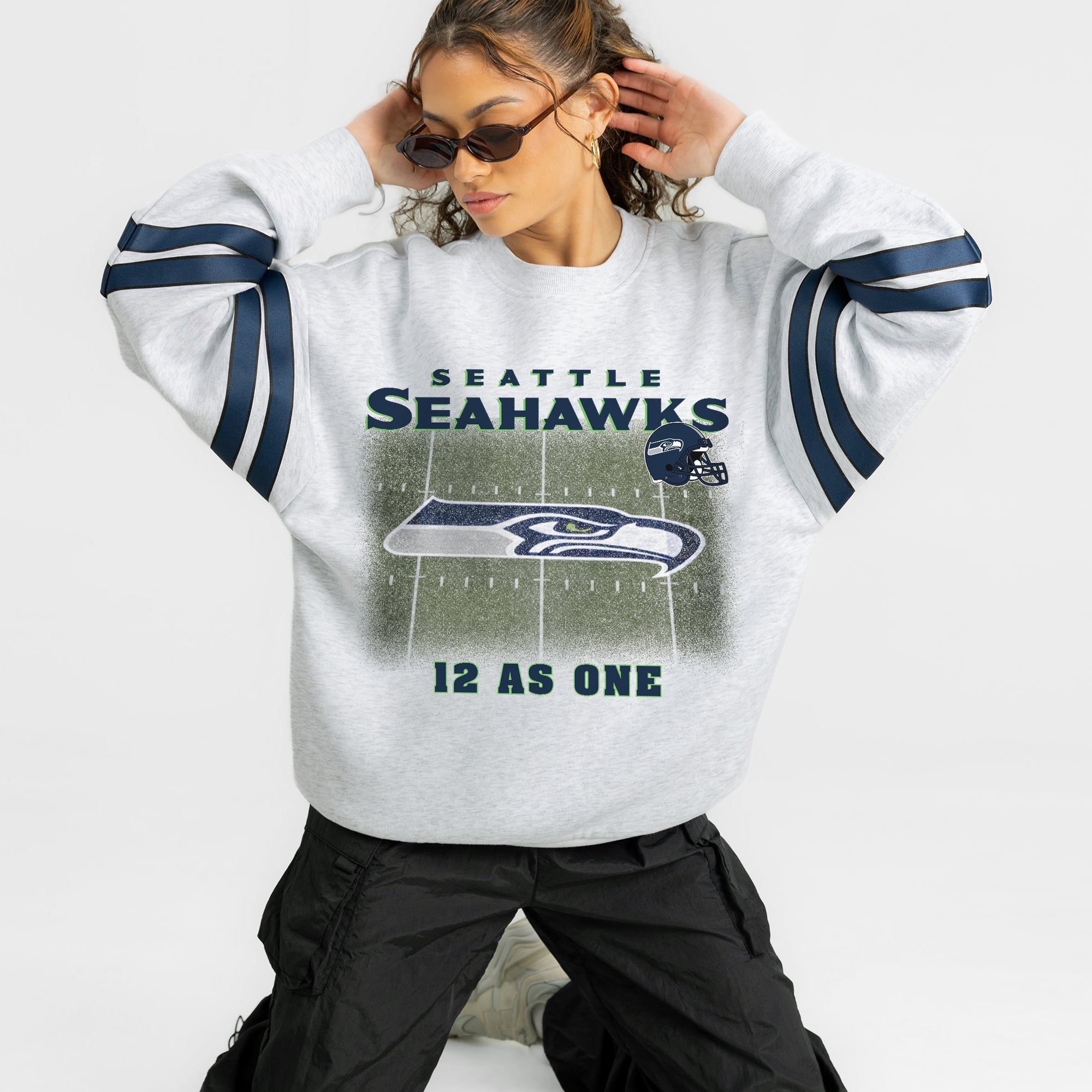 SEATTLE SEAHAWKS OFF THE GRID STRIPE SLEEVE CREWNECK SWEATSHIRT