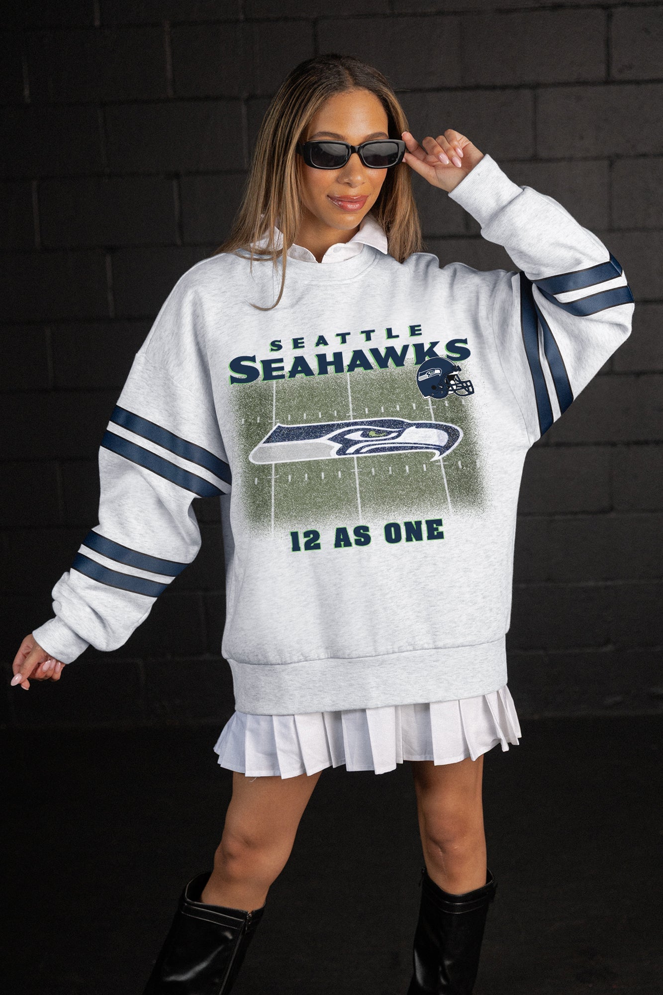SEATTLE SEAHAWKS OFF THE GRID STRIPE SLEEVE CREWNECK SWEATSHIRT