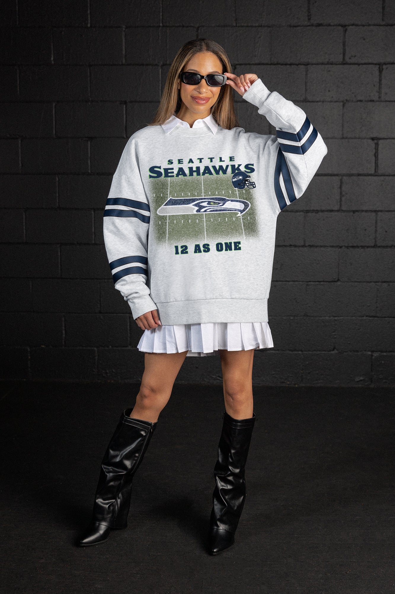 SEATTLE SEAHAWKS OFF THE GRID STRIPE SLEEVE CREWNECK SWEATSHIRT