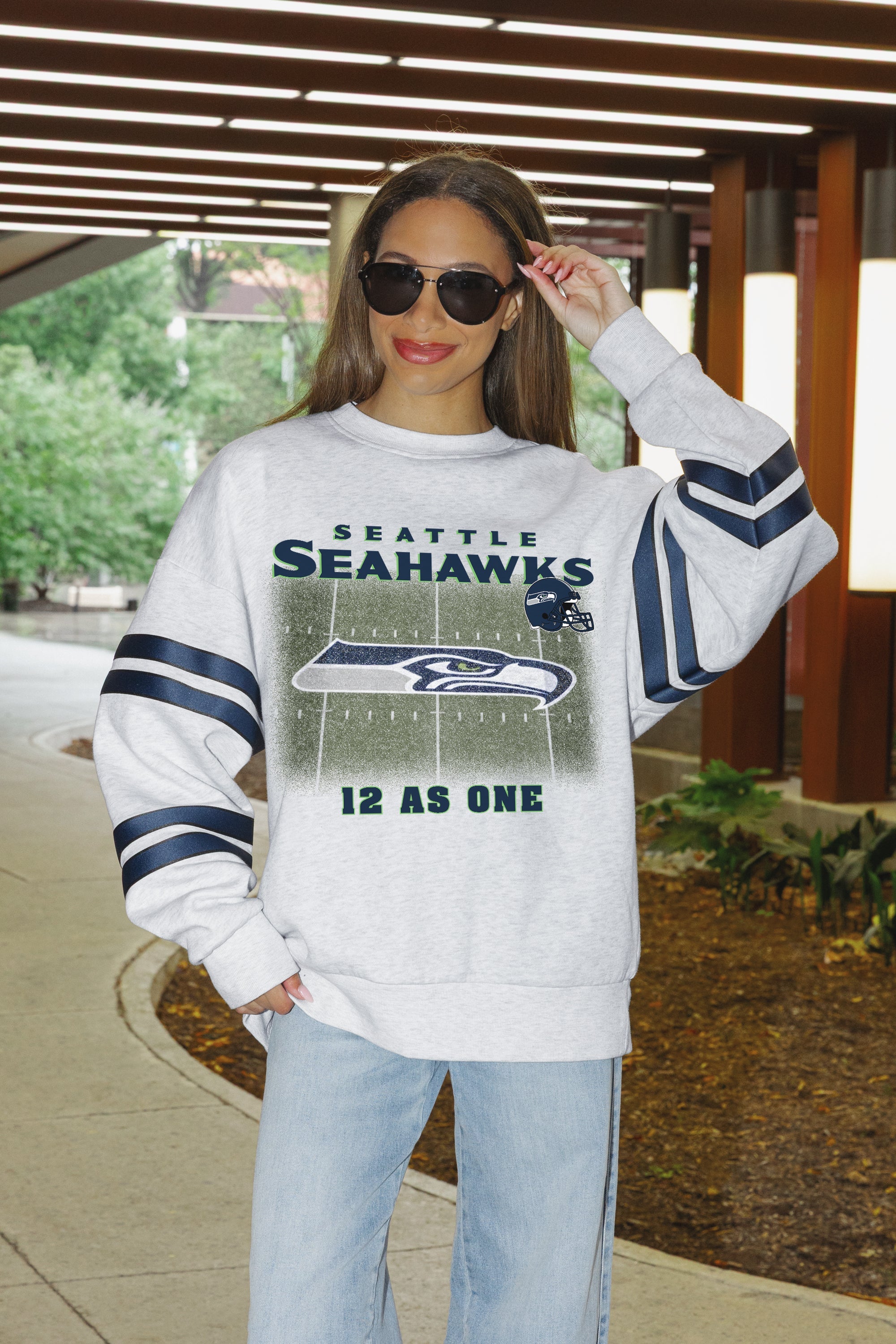 SEATTLE SEAHAWKS OFF THE GRID STRIPE SLEEVE CREWNECK SWEATSHIRT