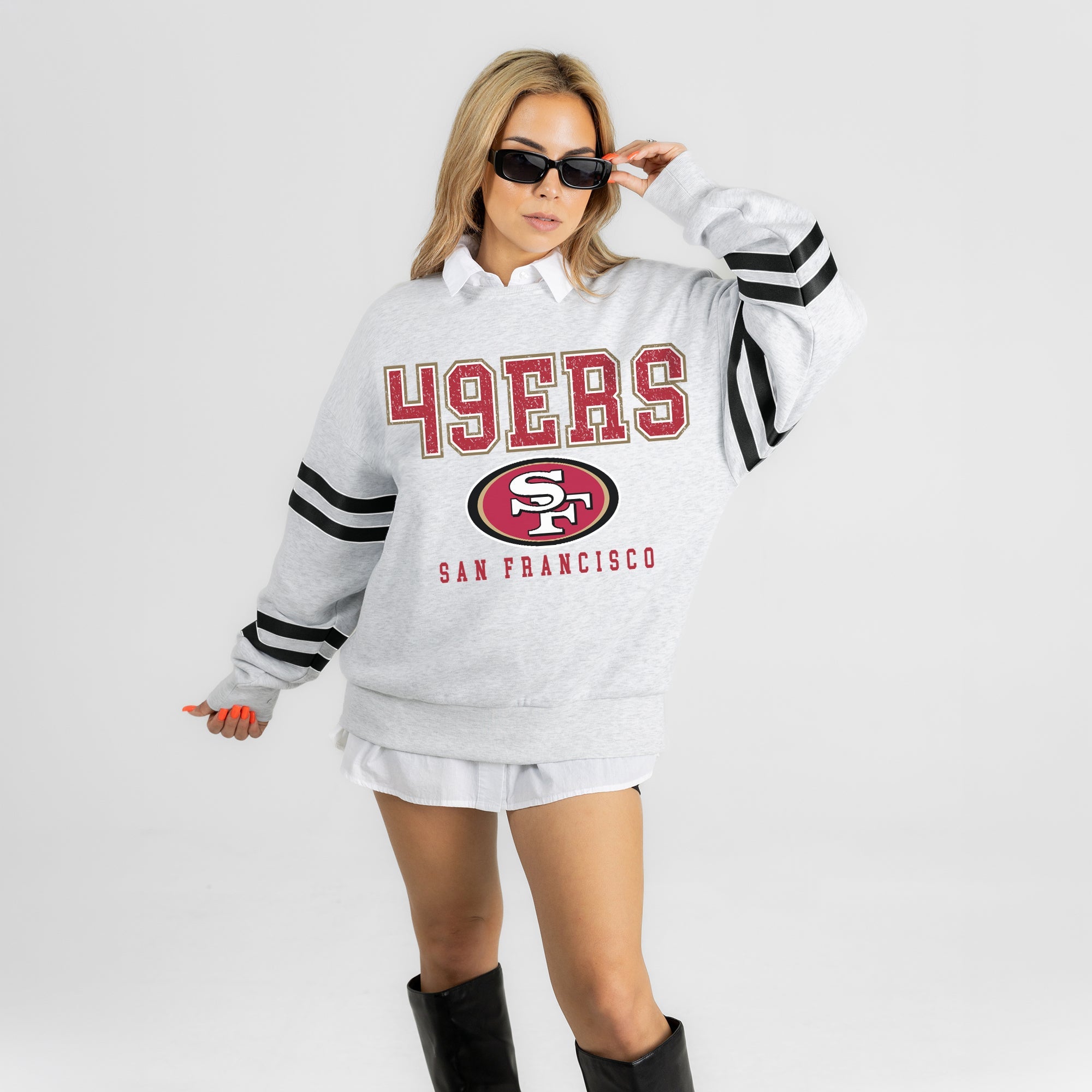 SAN FRANCISCO 49ERS STADIUM STRIPES STRIPE SLEEVE CREWNECK SWEATSHIRT